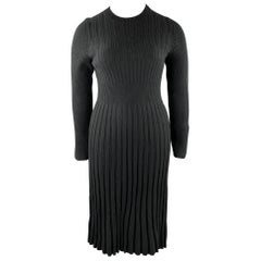 CHANEL Size 10 Black Knitted Pleated Wool Crew-Neck Sweater Dress