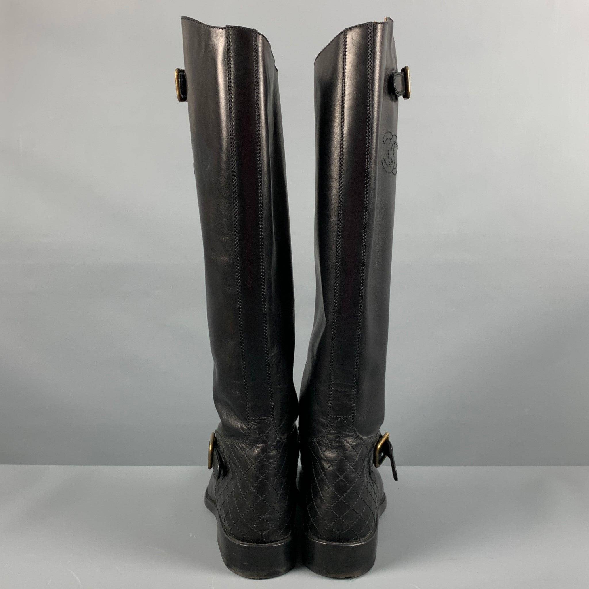 CHANEL Size 10 Black Leather Riding Boots In Good Condition In San Francisco, CA