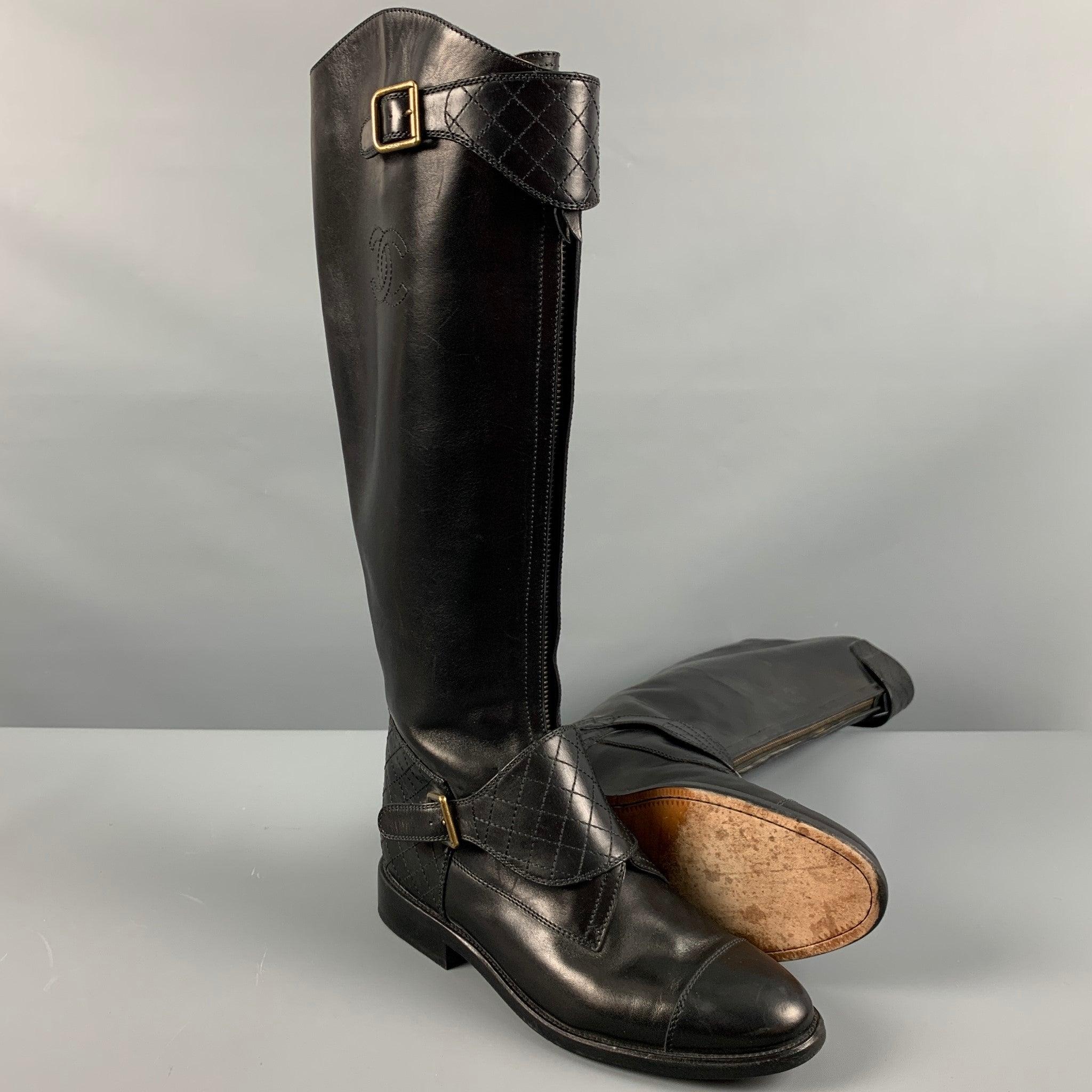 CHANEL Size 10 Black Leather Riding Boots 1