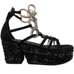 Chanel Size 10 Black Suede and Metal Gladiator Platform Wedge Pump Sandals