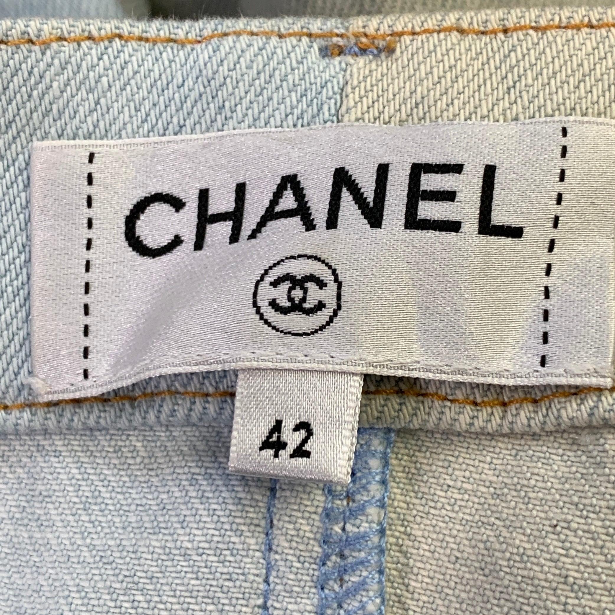 Women's CHANEL Size 10 Blue Grey Cotton Button Up Wide Leg Casual Pants For Sale
