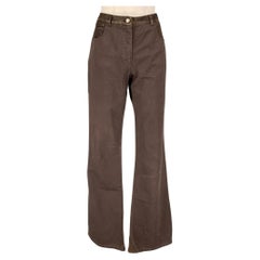 CHANEL Size 10 Brown Cotton Leather Trim Straight Casual Pants