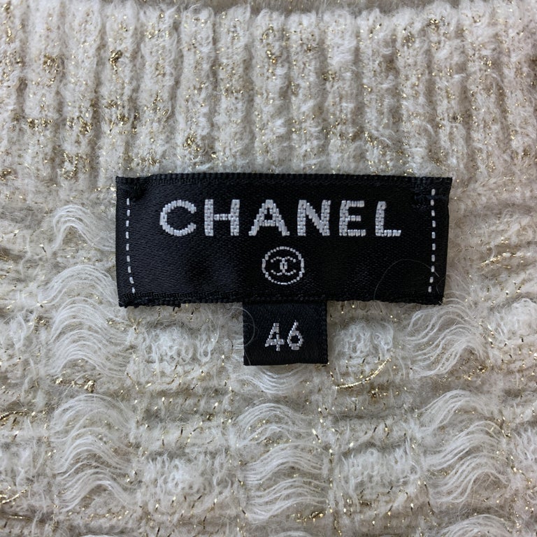 CHANEL Size 10 Cream and Gold Metallic Sparkle Knit Short Sleeve Dress ...