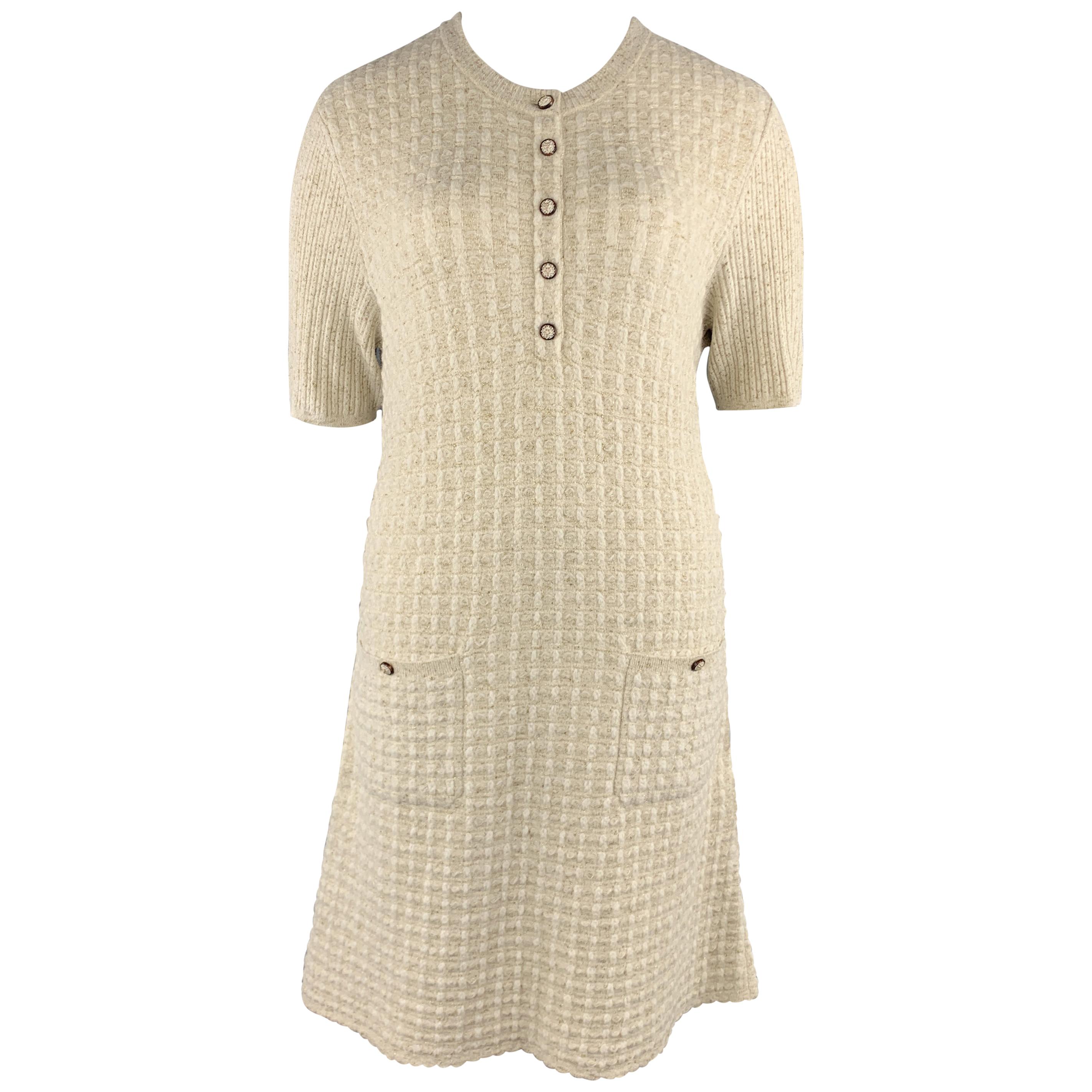 CHANEL Size 10 Cream & Gold Metallic Sparkle Knit Short Sleeve Dress