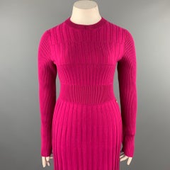 CHANEL Size 10 Fuchsia Knitted Pleated Wool Crew-Neck Sweater Dress