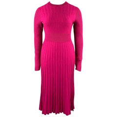 CHANEL Size 10 Fuchsia Knitted Pleated Wool Crew-Neck Sweater Dress