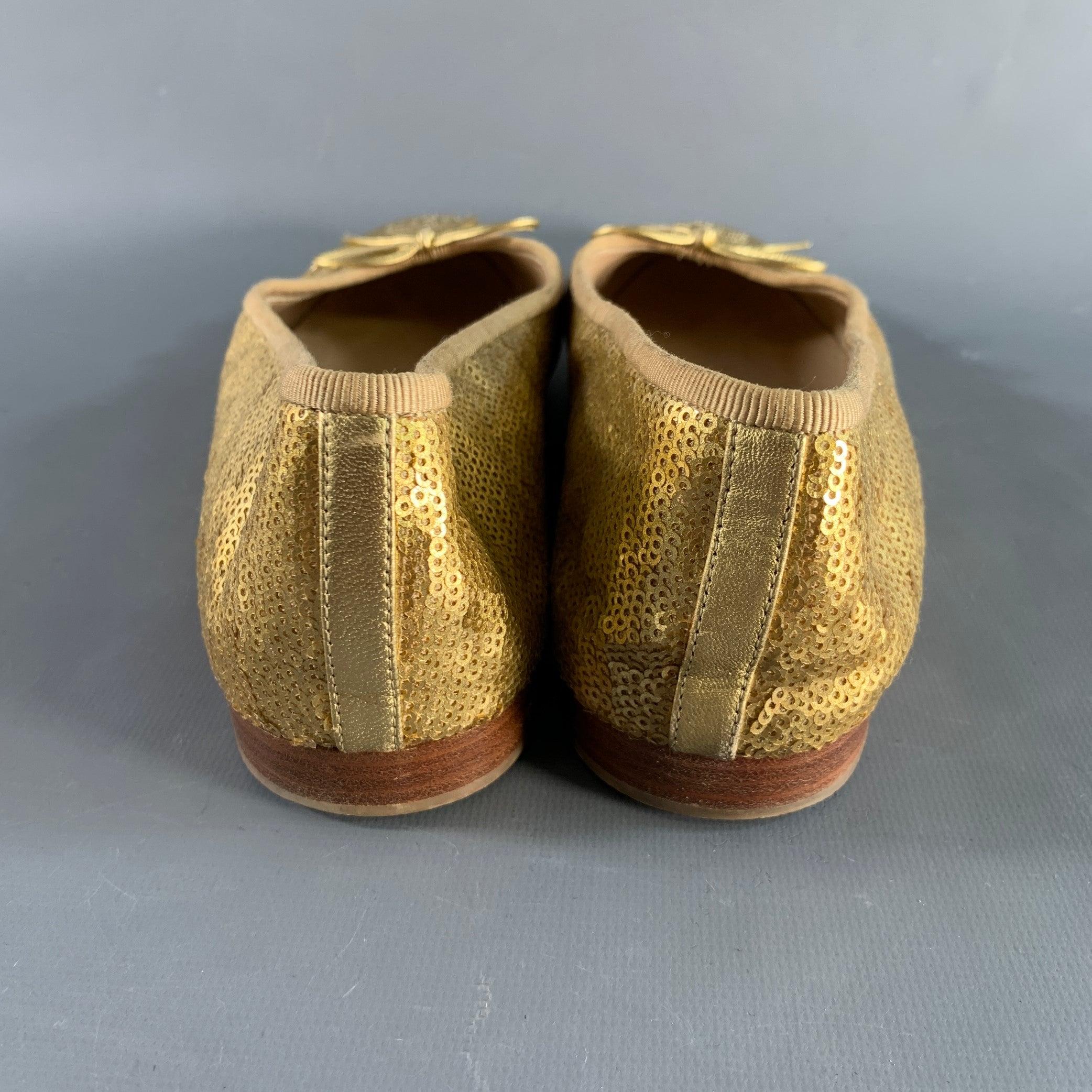 CHANEL Size 10 Gold Sequined Ballet Flats In Good Condition For Sale In San Francisco, CA