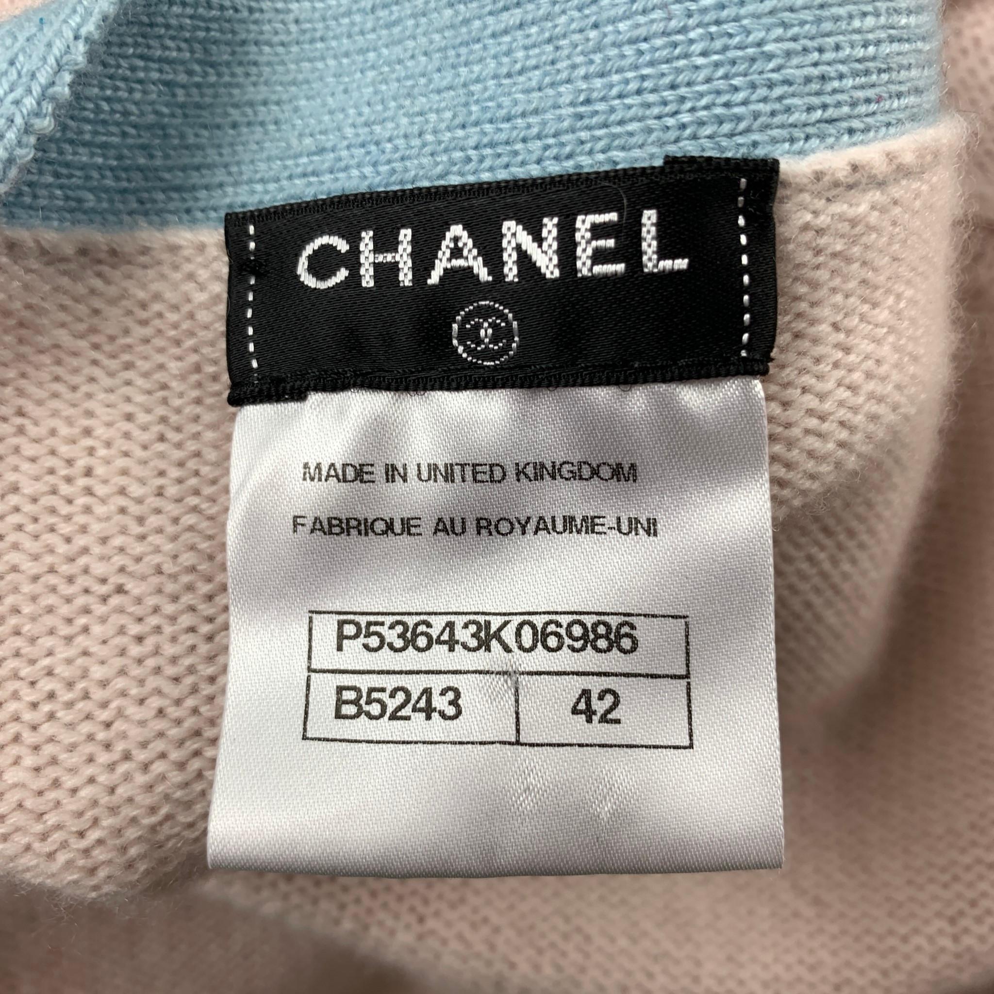 CHANEL Size 10 Pink Knitted Blue Trim Cashmere Cardigan In Good Condition In San Francisco, CA