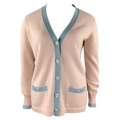 CHANEL Size 10 Pink Knitted Blue Trim Cashmere Cardigan