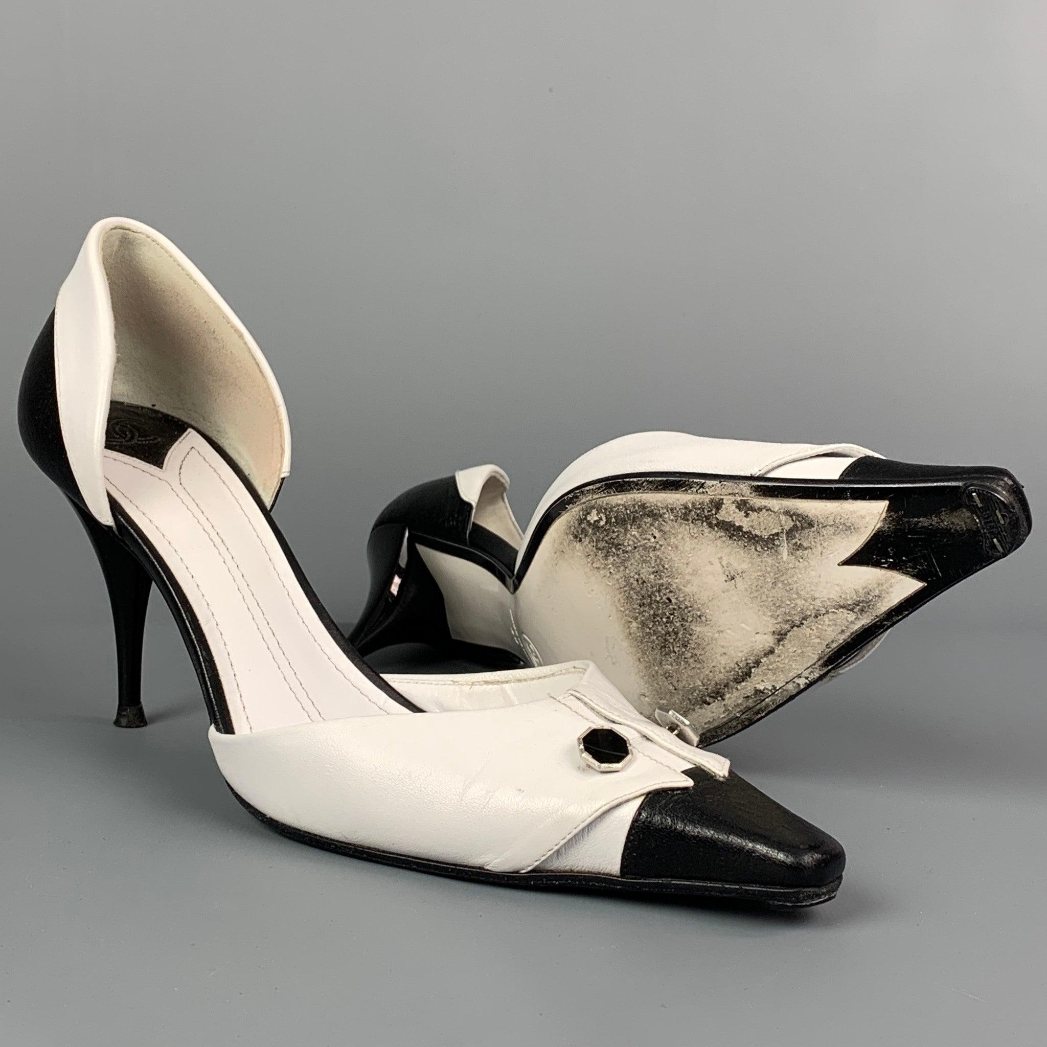 CHANEL Size 10 White & Black Two Tone Leather D'Orsay Pumps In Good Condition In San Francisco, CA