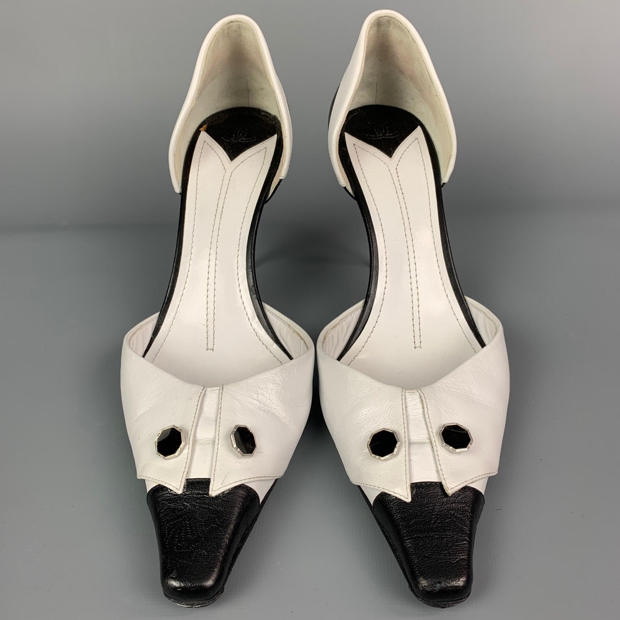 Women's CHANEL Size 10 White & Black Two Tone Leather D'Orsay Pumps