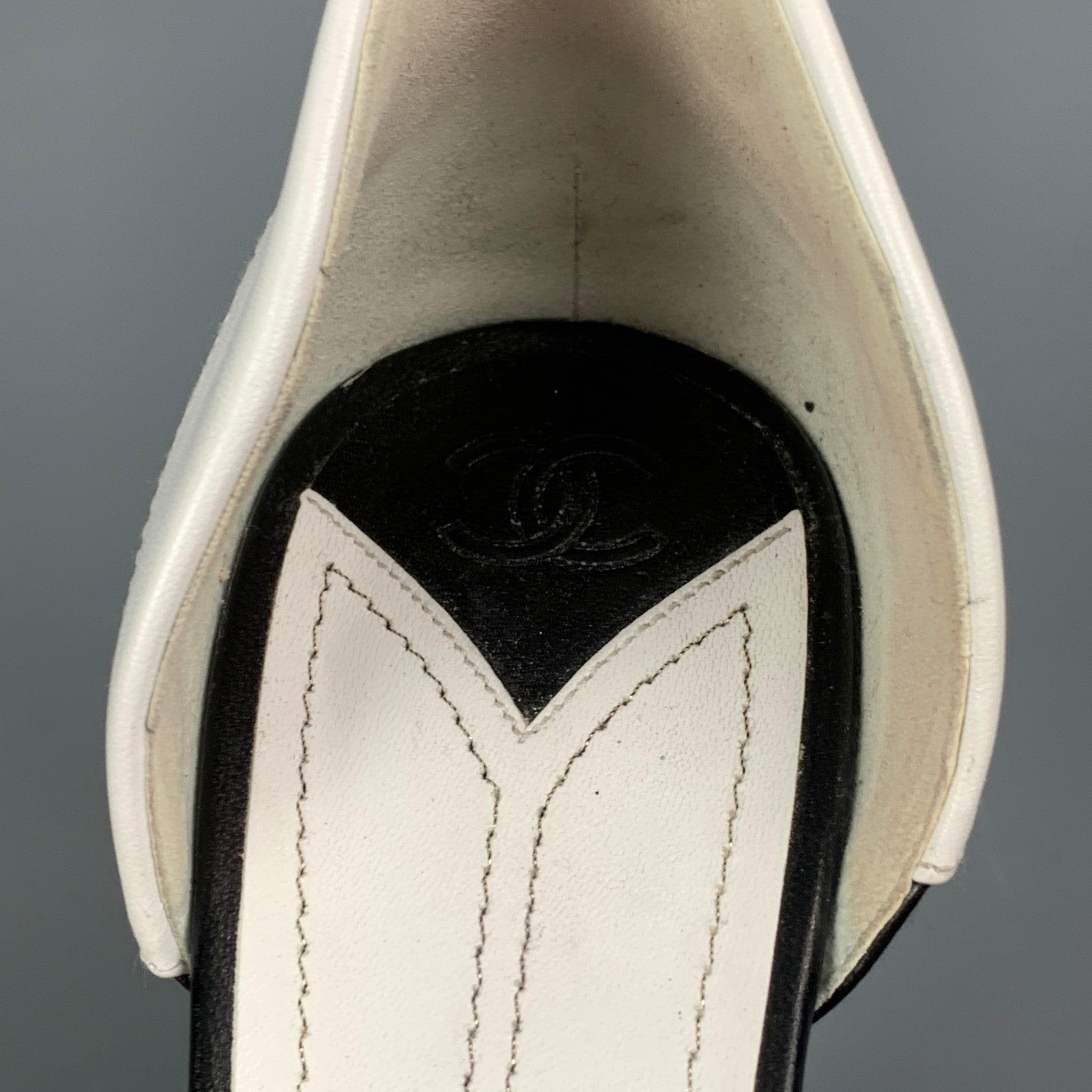 CHANEL Size 10 White & Black Two Tone Leather D'Orsay Pumps 2