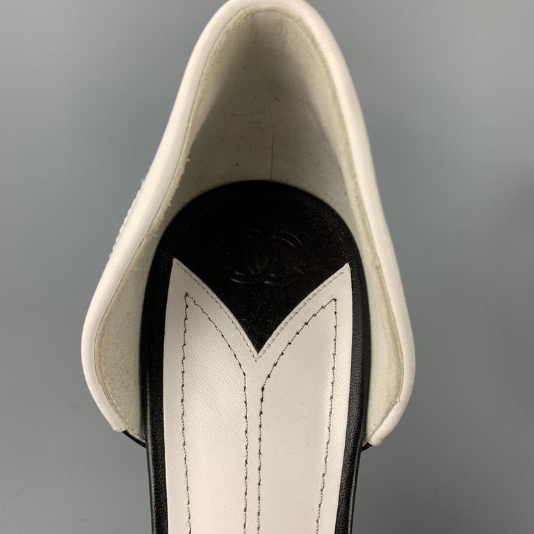 CHANEL Size 10 White and Black Two Toned Leather D'Orsay Pumps at