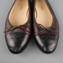 CHANEL Flats Size 10.5 Brown & Black Leather CC Cap Toe Ballet Shoes
