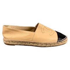 CHANEL Size 11 Beige Black Leather Lamb Skin Espadrille Flats