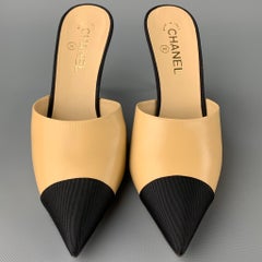 CHANEL Size 11 Beige & Black Two Toned Grosgrain Leather Pearl CC Heel Pumps