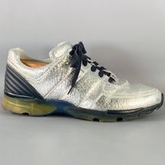 CHANEL Size 11 Metallic Silver Navy Crackled Leather Lace-Up Sneakers