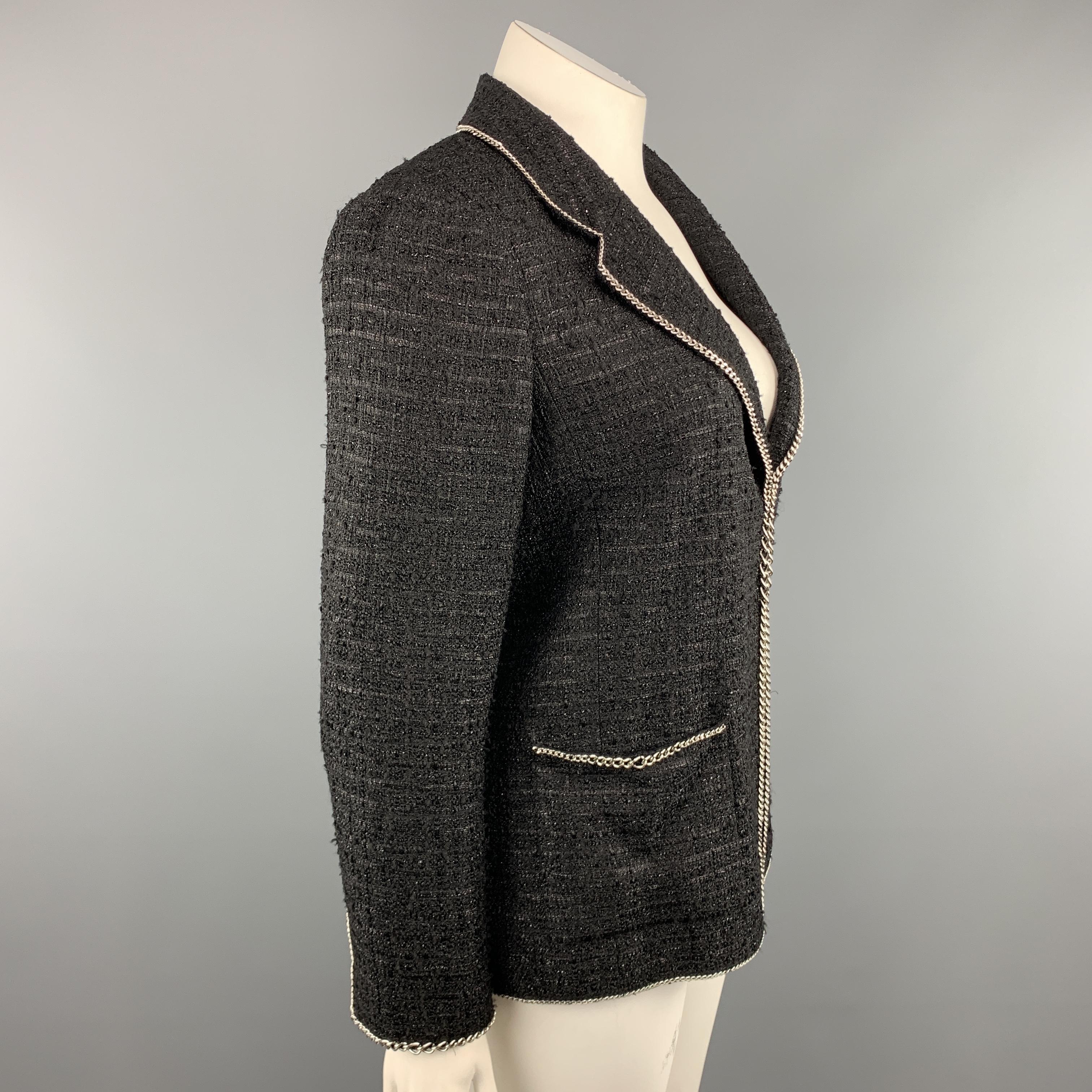 CHANEL Size 14 Black Metallic Tweed Silver Tone Chain Trim Blazer Jacket In Excellent Condition In San Francisco, CA