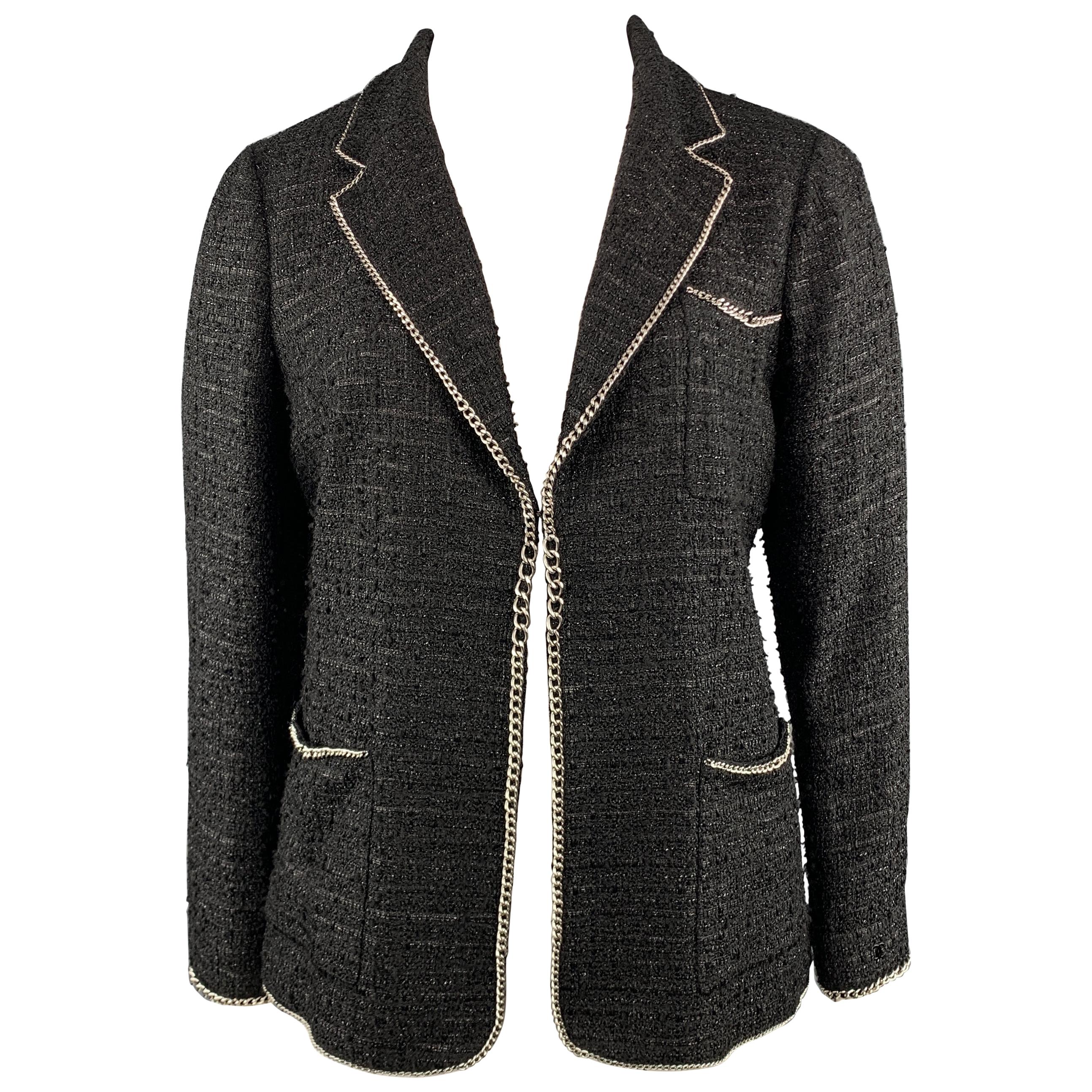 CHANEL Size 14 Black Metallic Tweed Silver Tone Chain Trim Blazer Jacket at  1stDibs