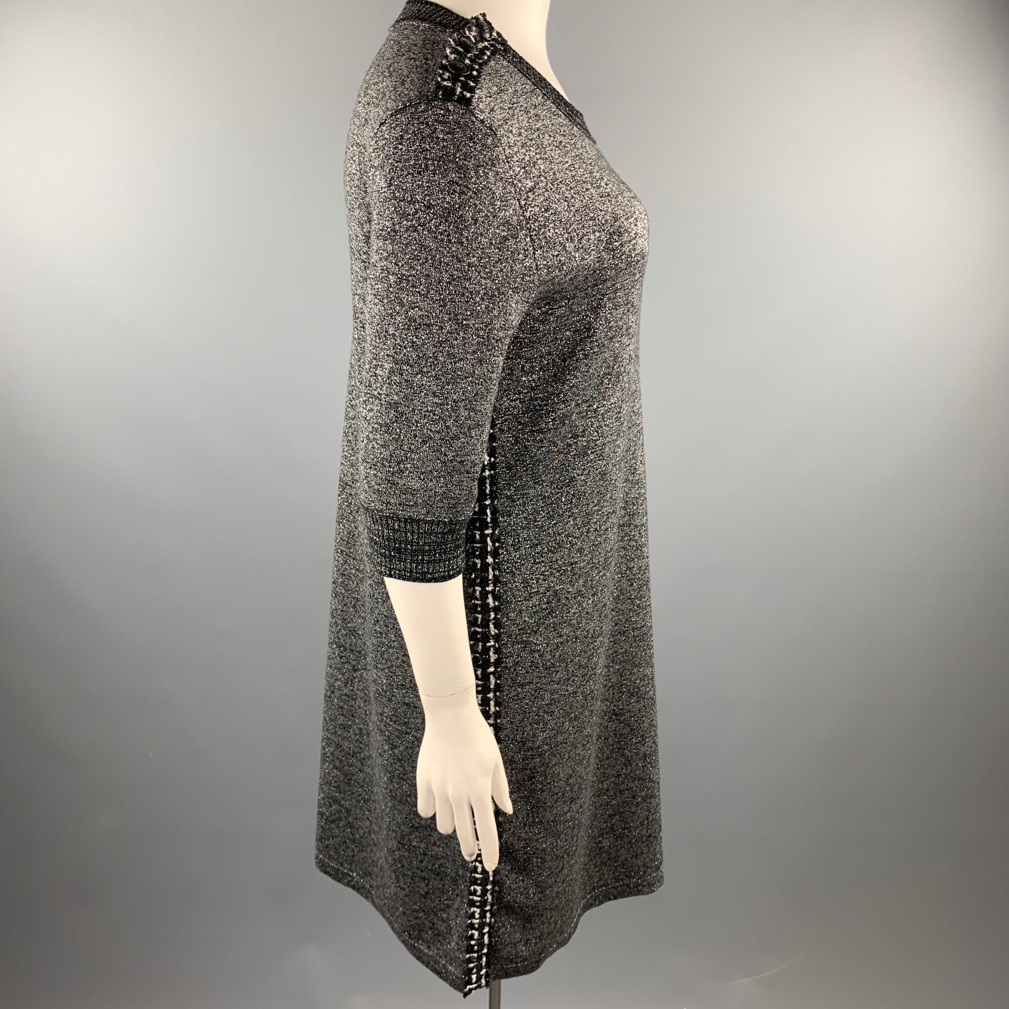 Black CHANEL Size 14 Silver Knitted Textured Wool Blend Shift Dress