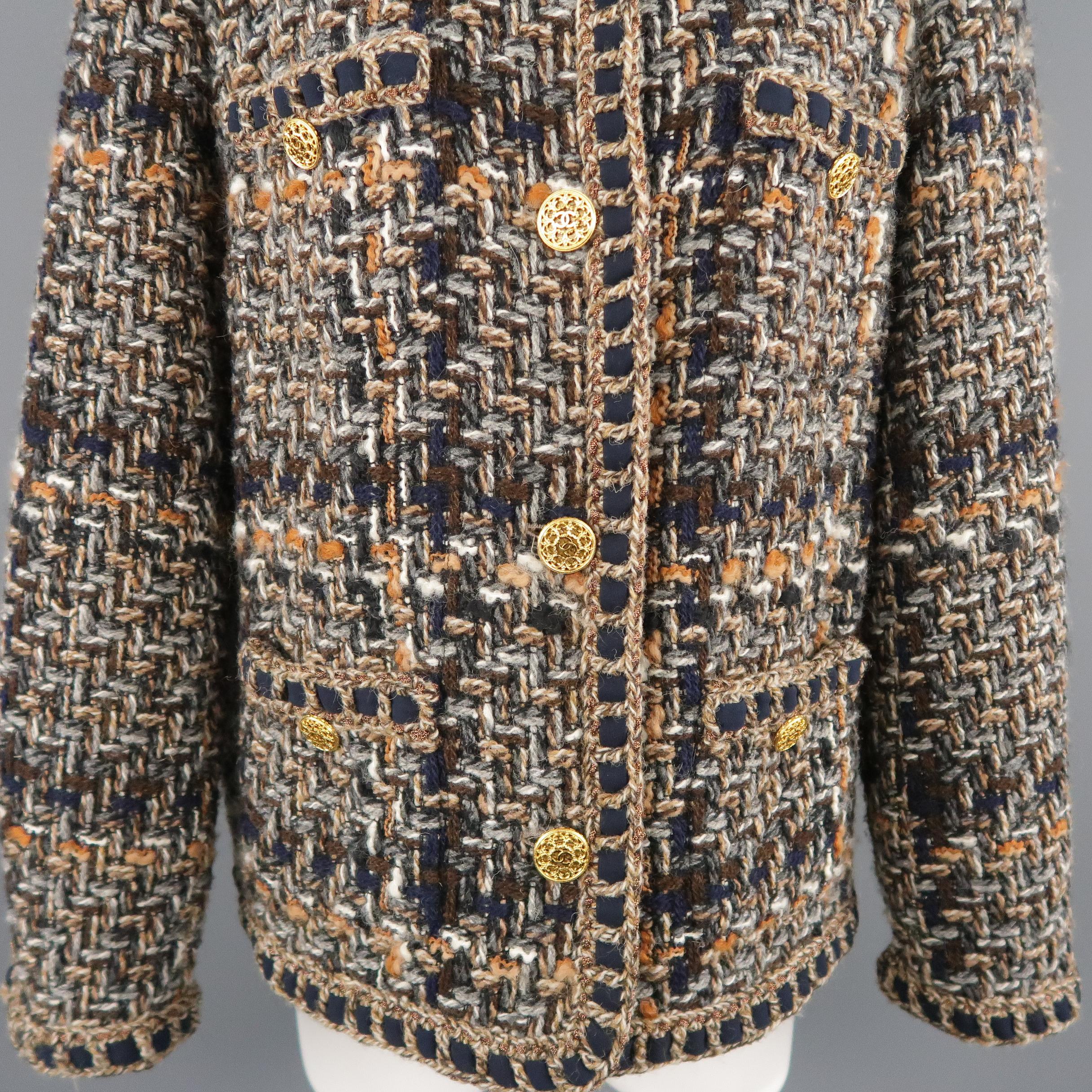 Brown CHANEL Size 14 Taupe Tweed Collarless Gold Button Jacket