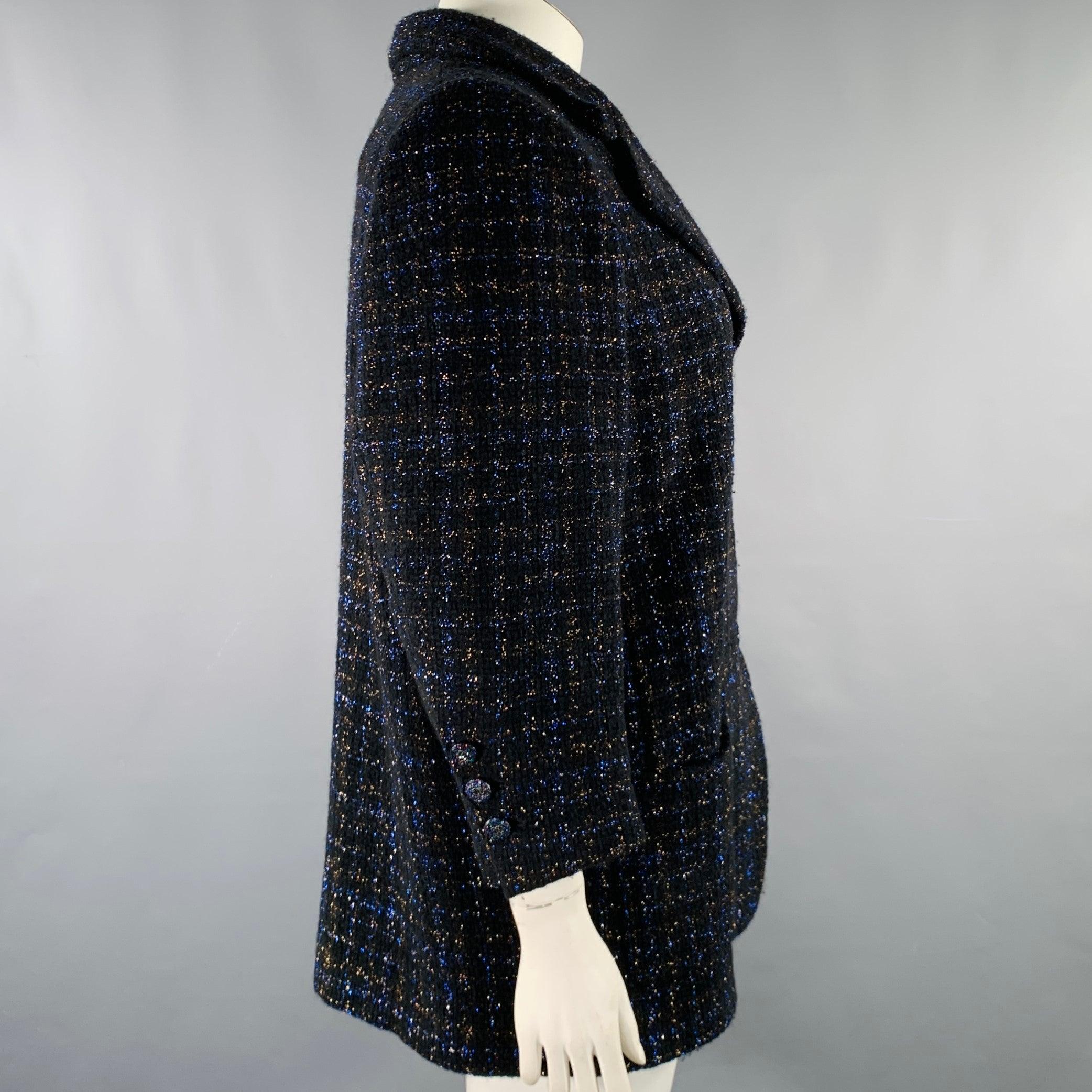 CHANEL Size 18 Black Navy Cotton Blend Shiny 3/4 Sleeves Coat In Excellent Condition For Sale In San Francisco, CA