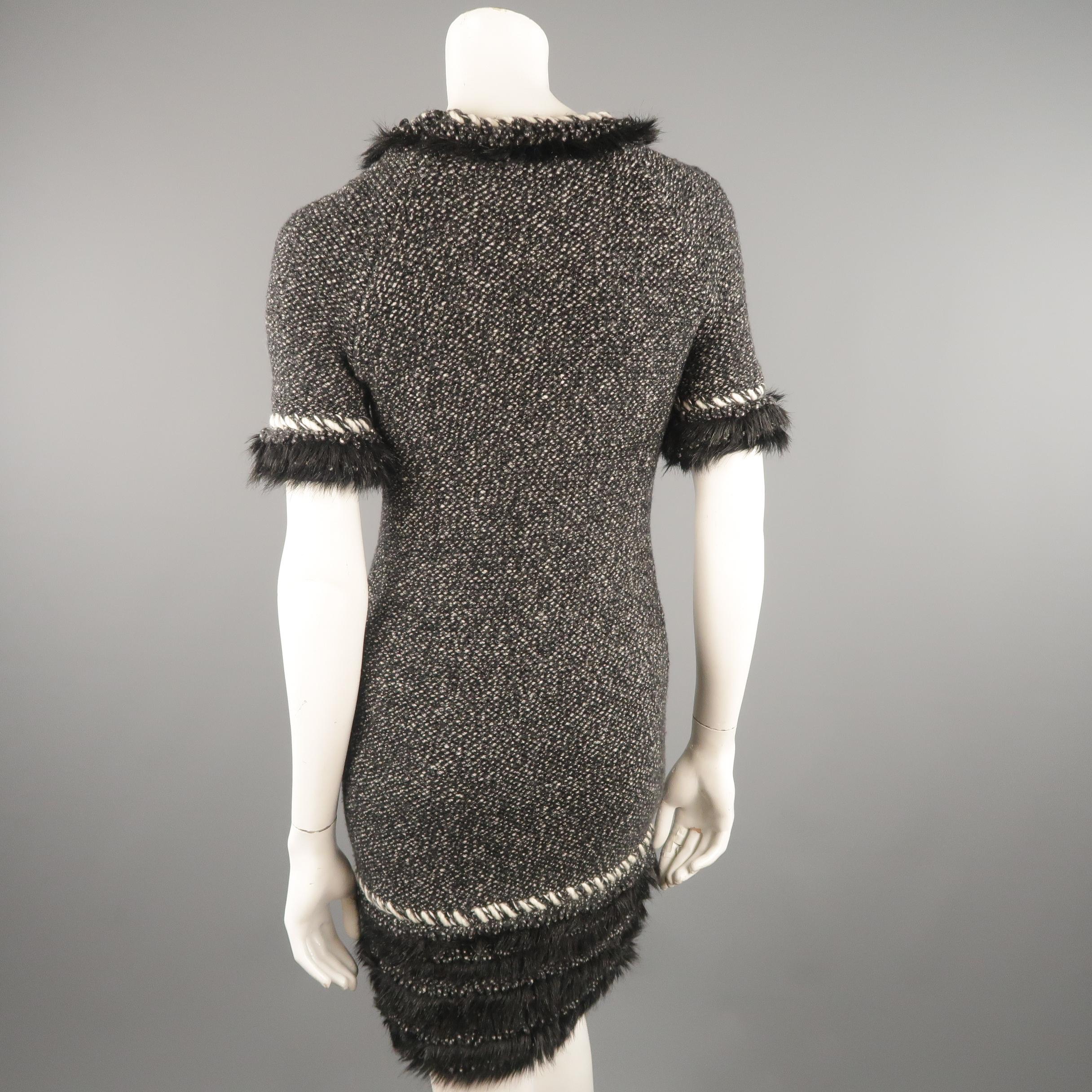 CHANEL Dress - F/W 2010 - Size 2 Black & Cream Cashmere, Woven Tweed Fur Trim 4