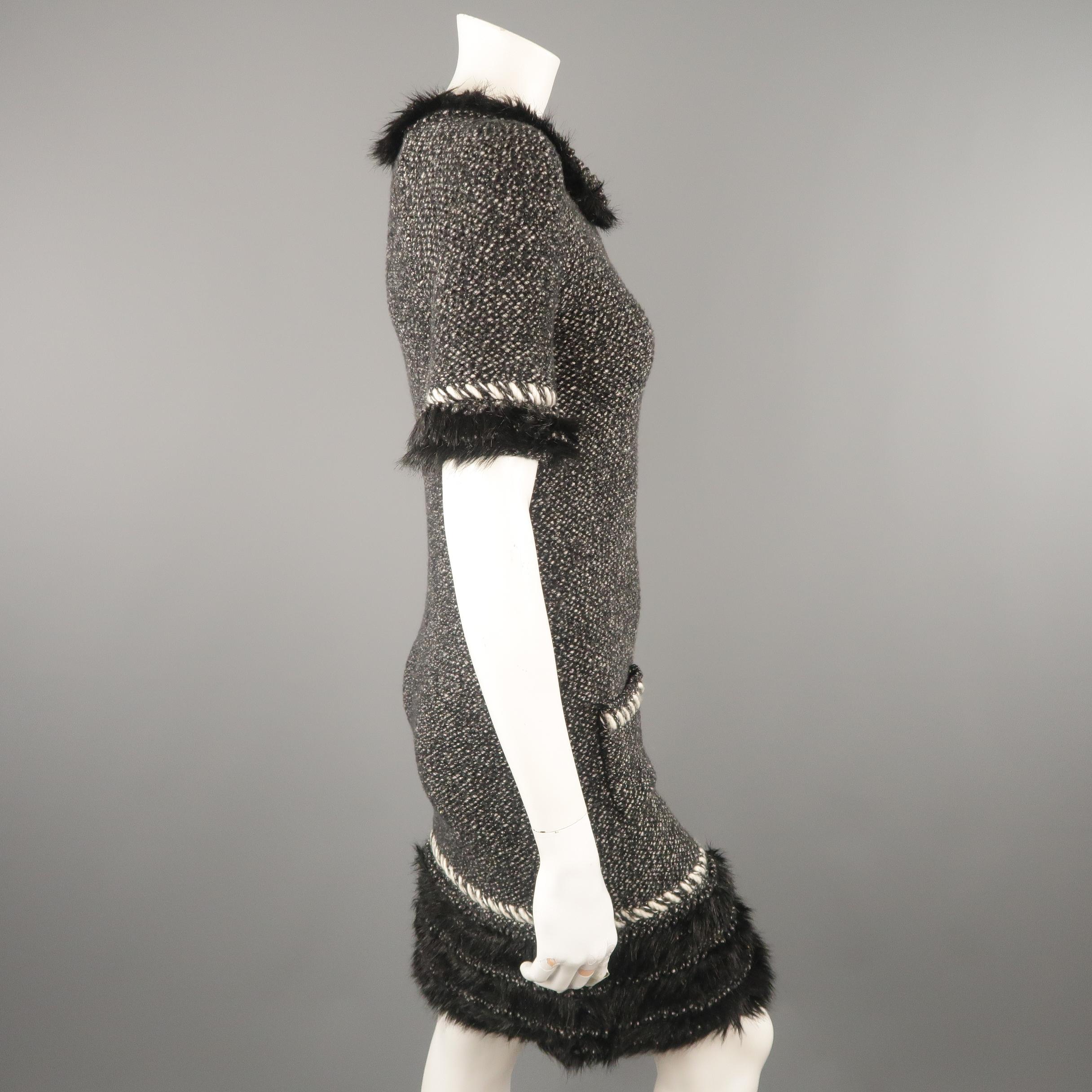 CHANEL Dress - F/W 2010 - Size 2 Black & Cream Cashmere, Woven Tweed Fur Trim 3