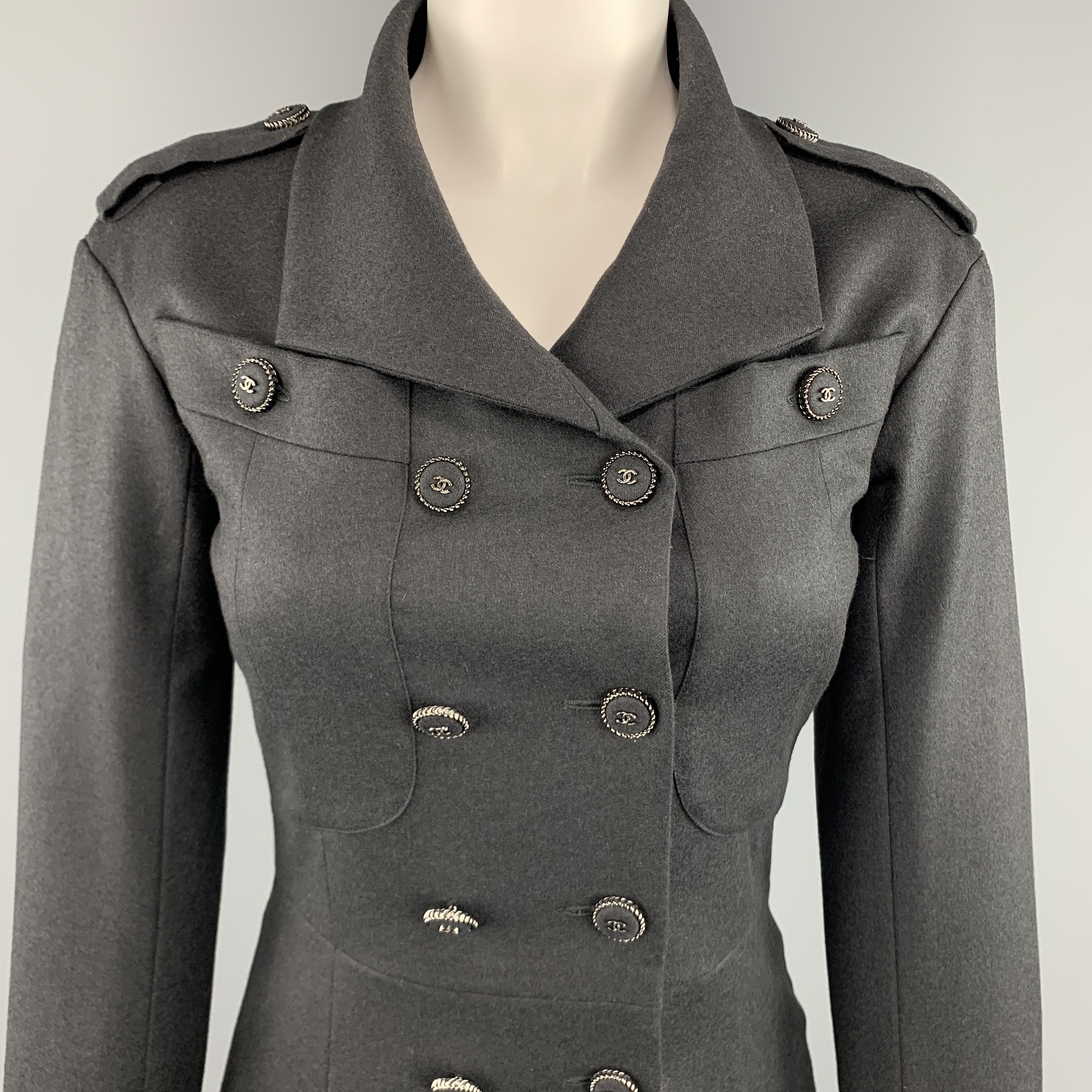 Black CHANEL Size 2 Grey Wool / Cashmere Double Breasted Epaulet CC Button Coat