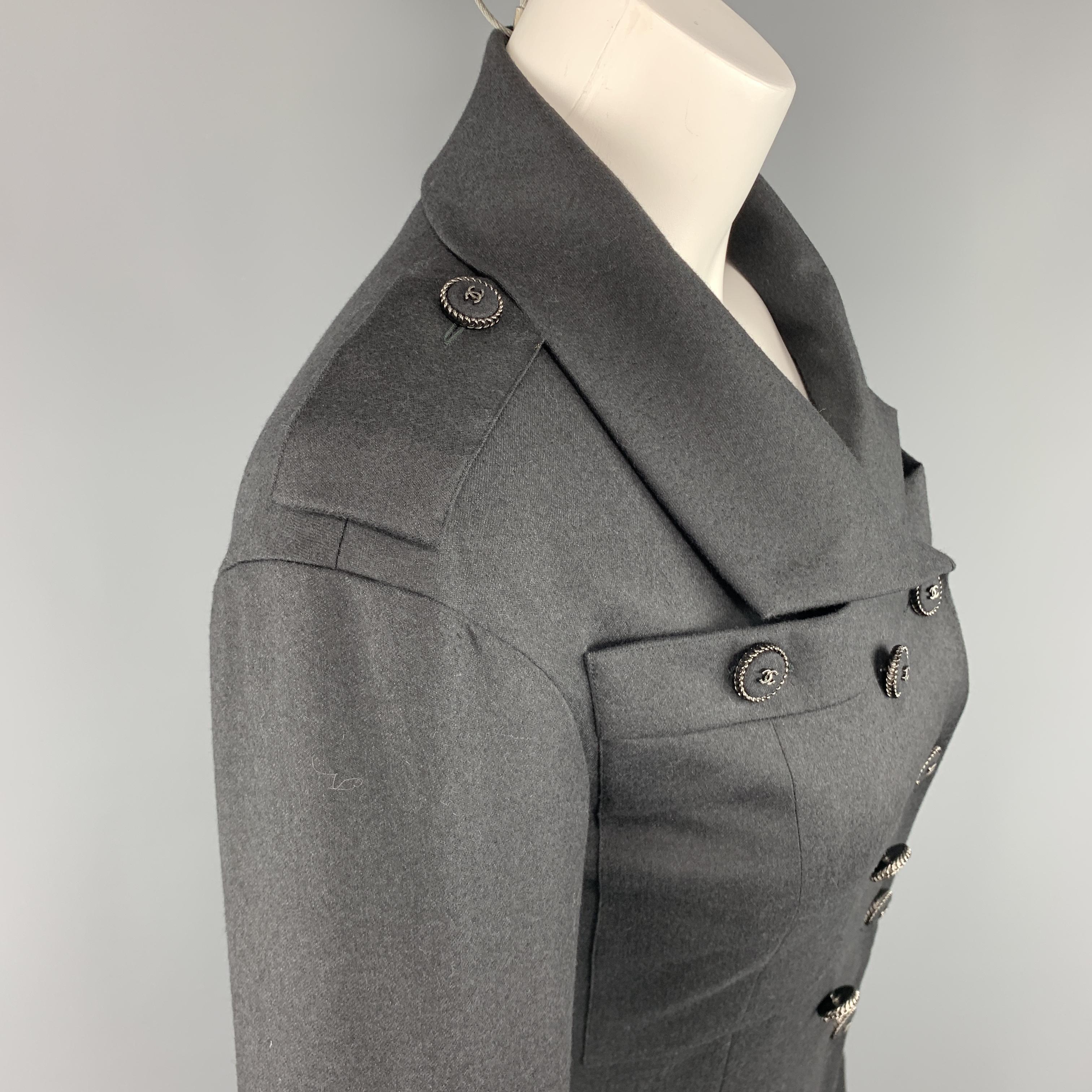CHANEL Size 2 Grey Wool / Cashmere Double Breasted Epaulet CC Button Coat In Excellent Condition In San Francisco, CA