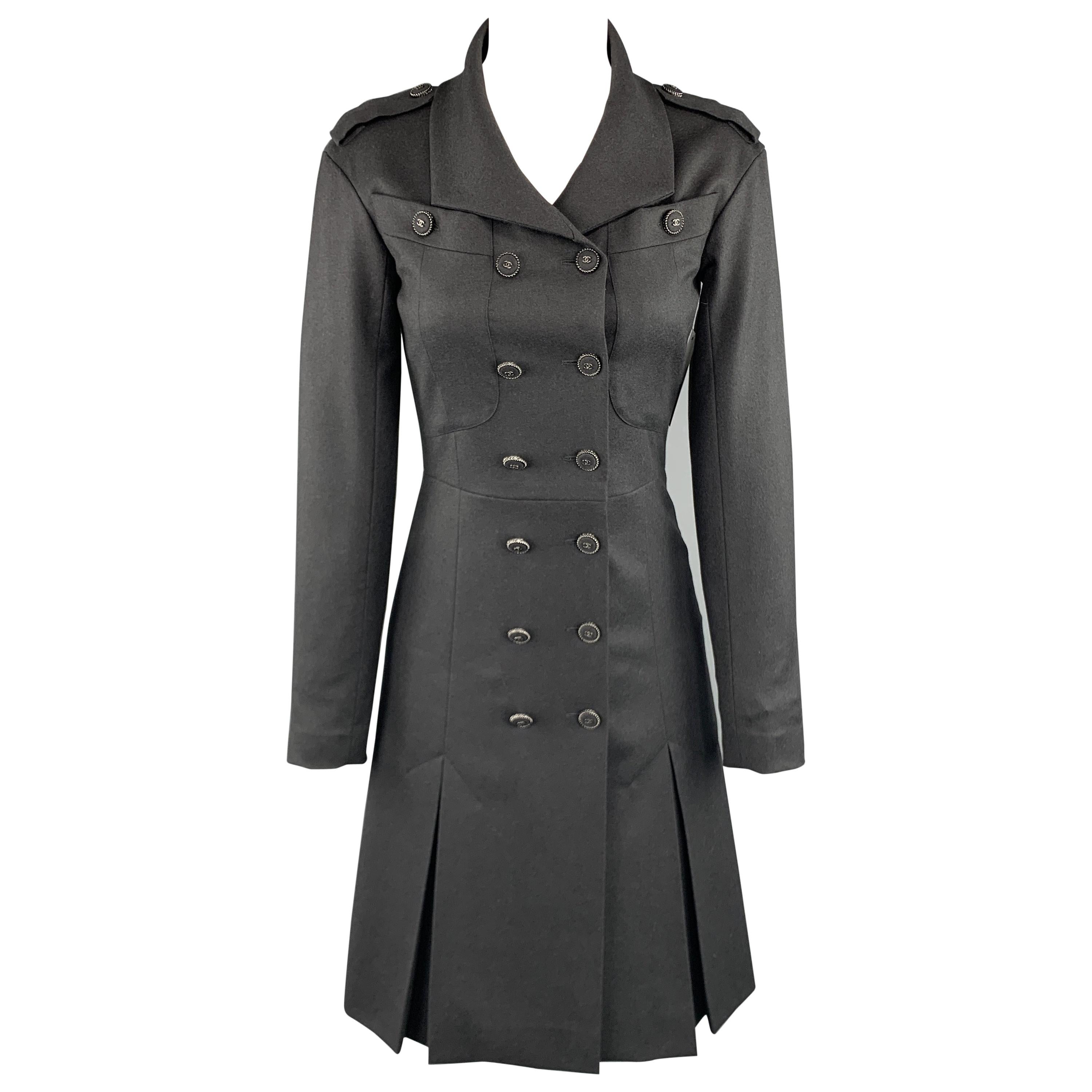 CHANEL Size 2 Grey Wool / Cashmere Double Breasted Epaulet CC Button Coat