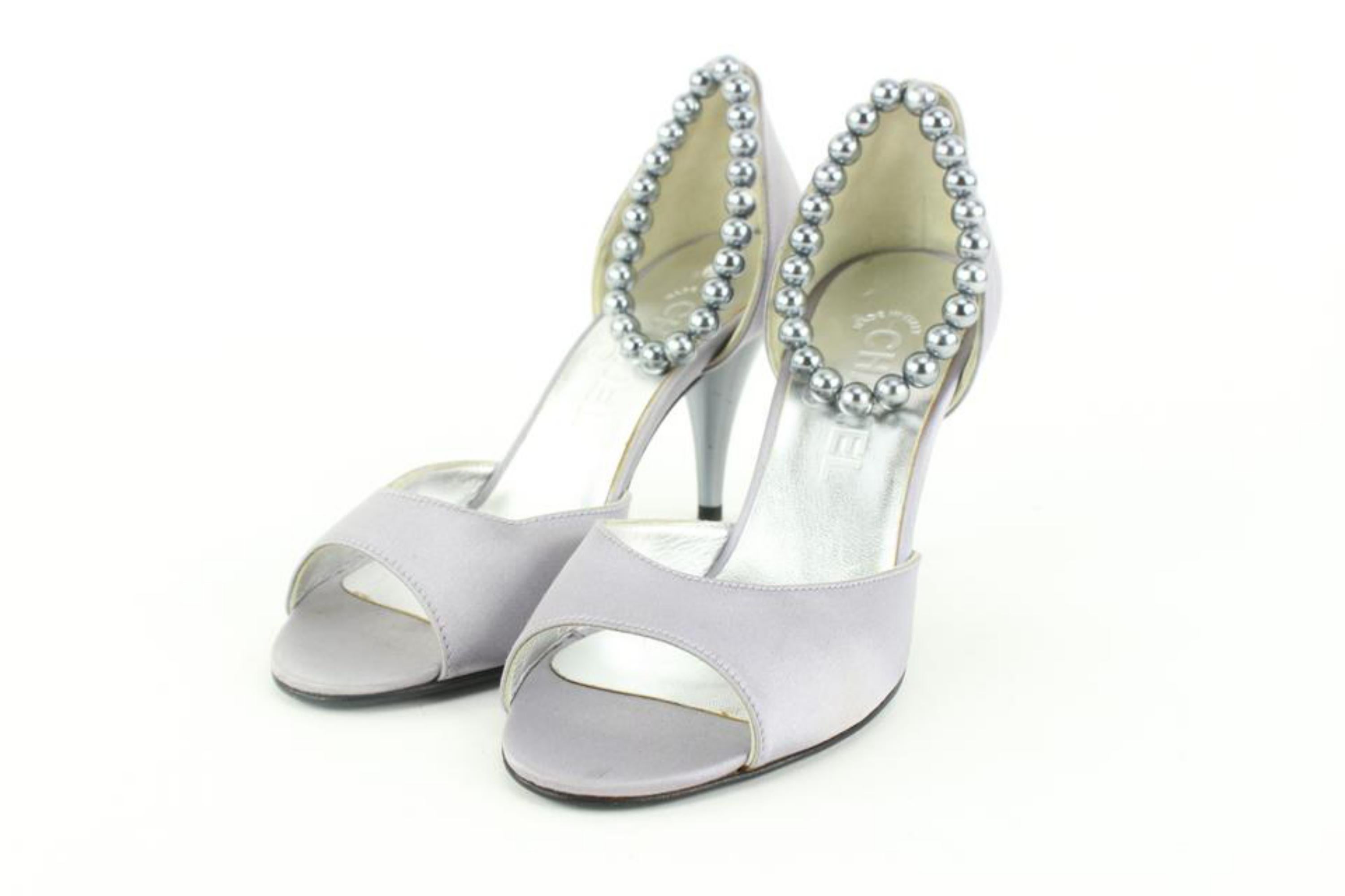 Chanel Size 36.5 Grey Satin Peep Toe Pearl Ankle Strap Pumps Size 13c48 For Sale 4