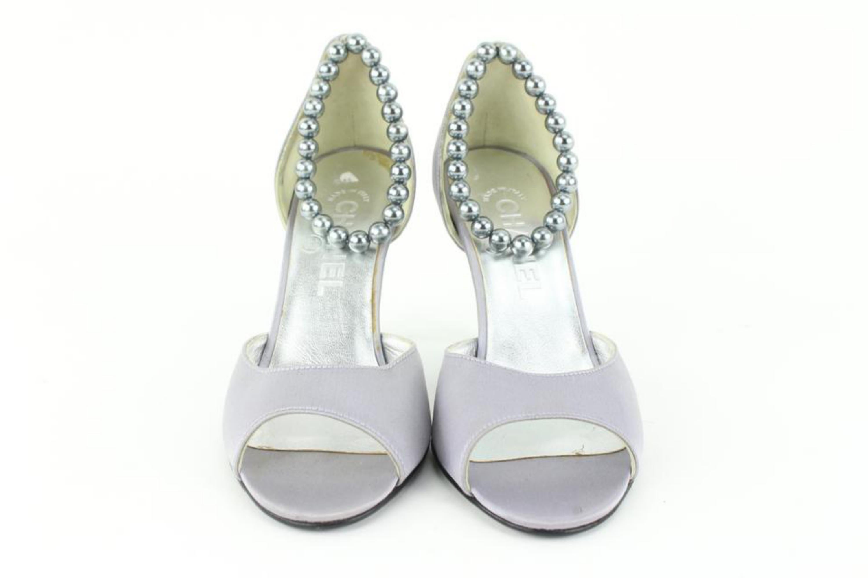 Gray Chanel Size 36.5 Grey Satin Peep Toe Pearl Ankle Strap Pumps Size 13c48 For Sale