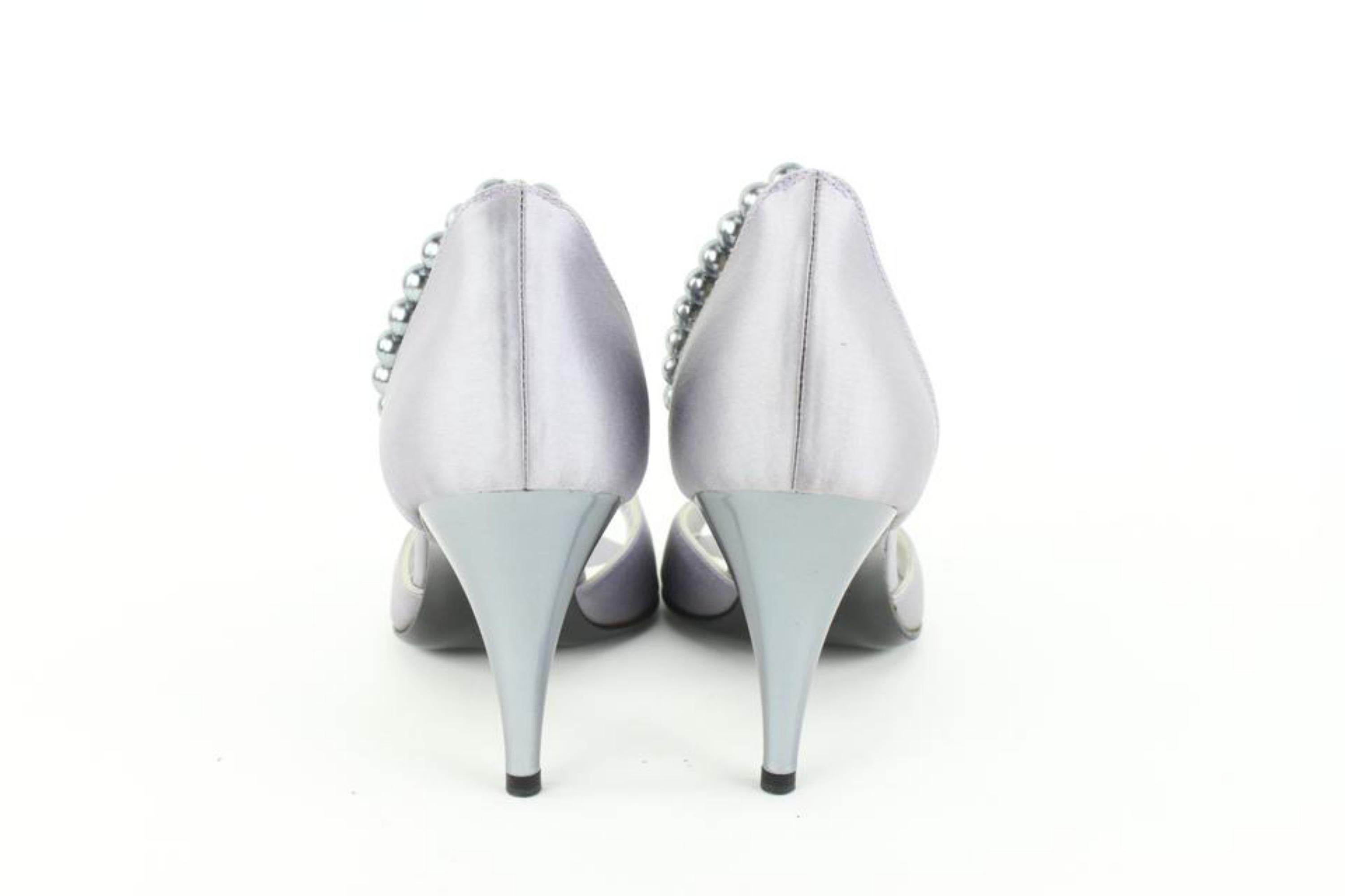 Women's Chanel Size 36.5 Grey Satin Peep Toe Pearl Ankle Strap Pumps Size 13c48 For Sale