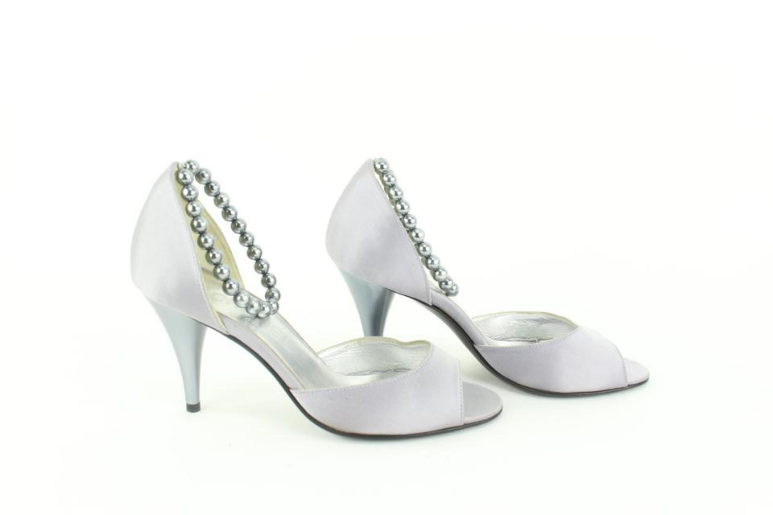 Chanel Size 36.5 Grey Satin Peep Toe Pearl Ankle Strap Pumps Size 13c48 For Sale 1