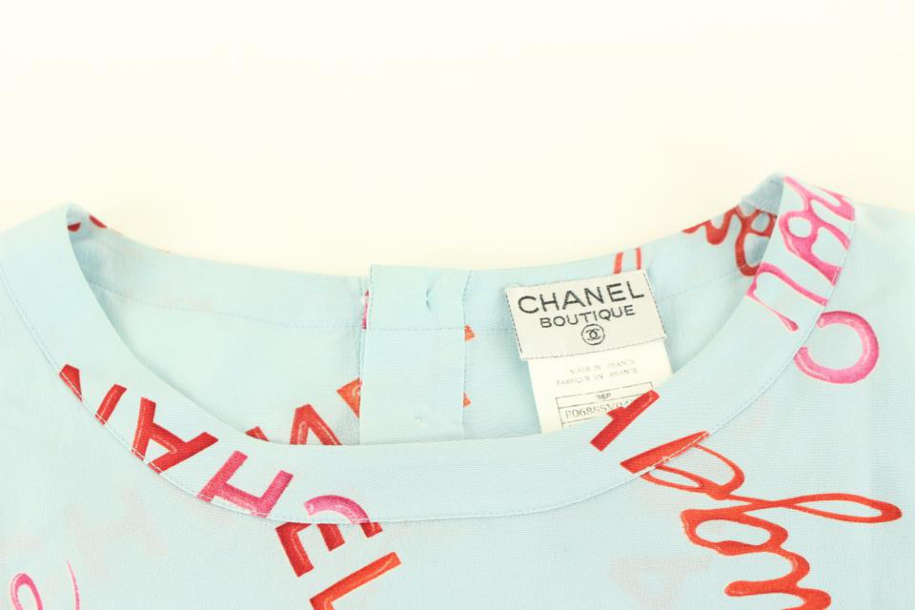 Gray Chanel Size 38 96P Rouge Coco All Over Blue Silk Top Blouse Shirt 69cc614s For Sale