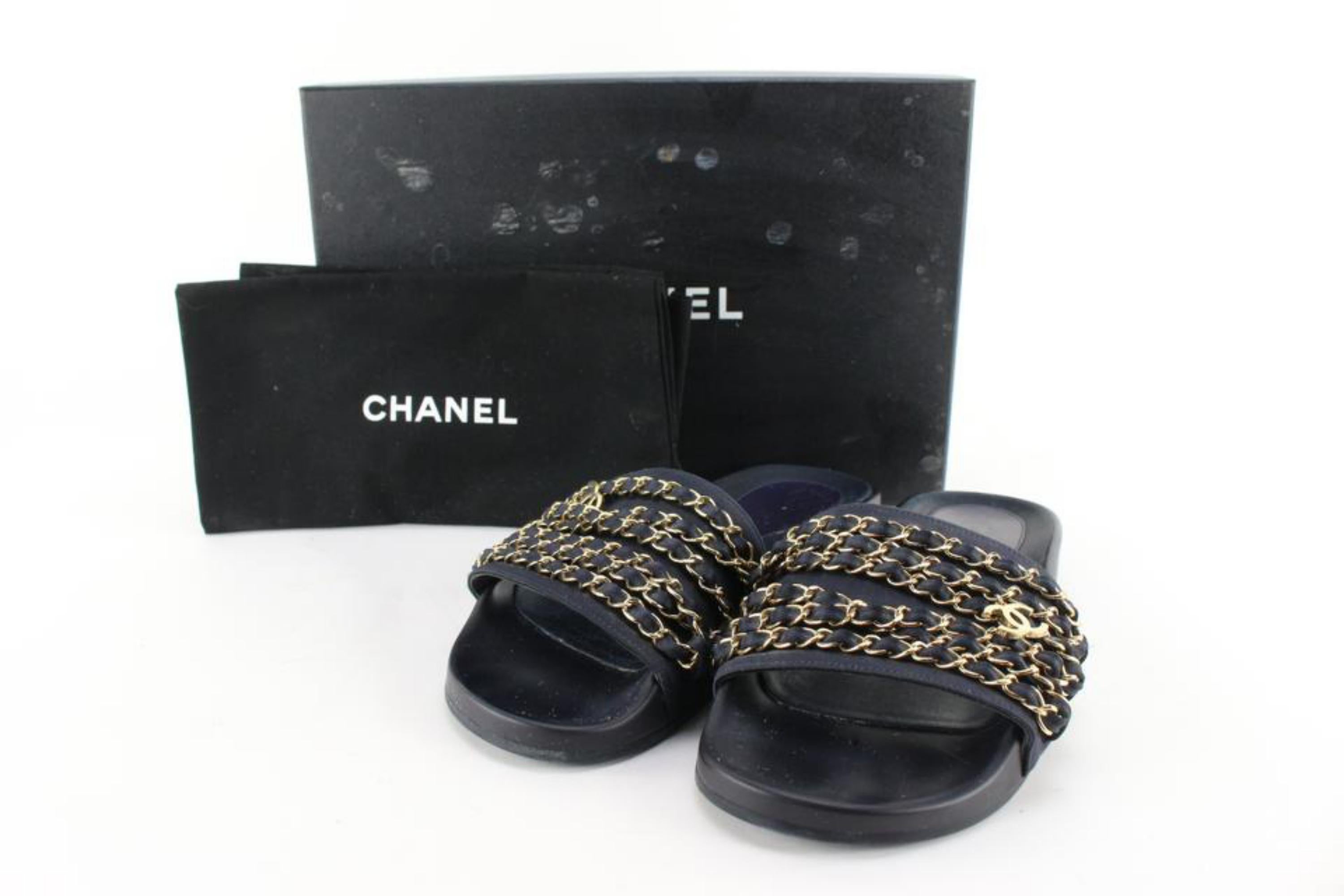 Chanel Size 38 Black Tropiconic CC Chain Pool Slides Sandals 90cc711s 5