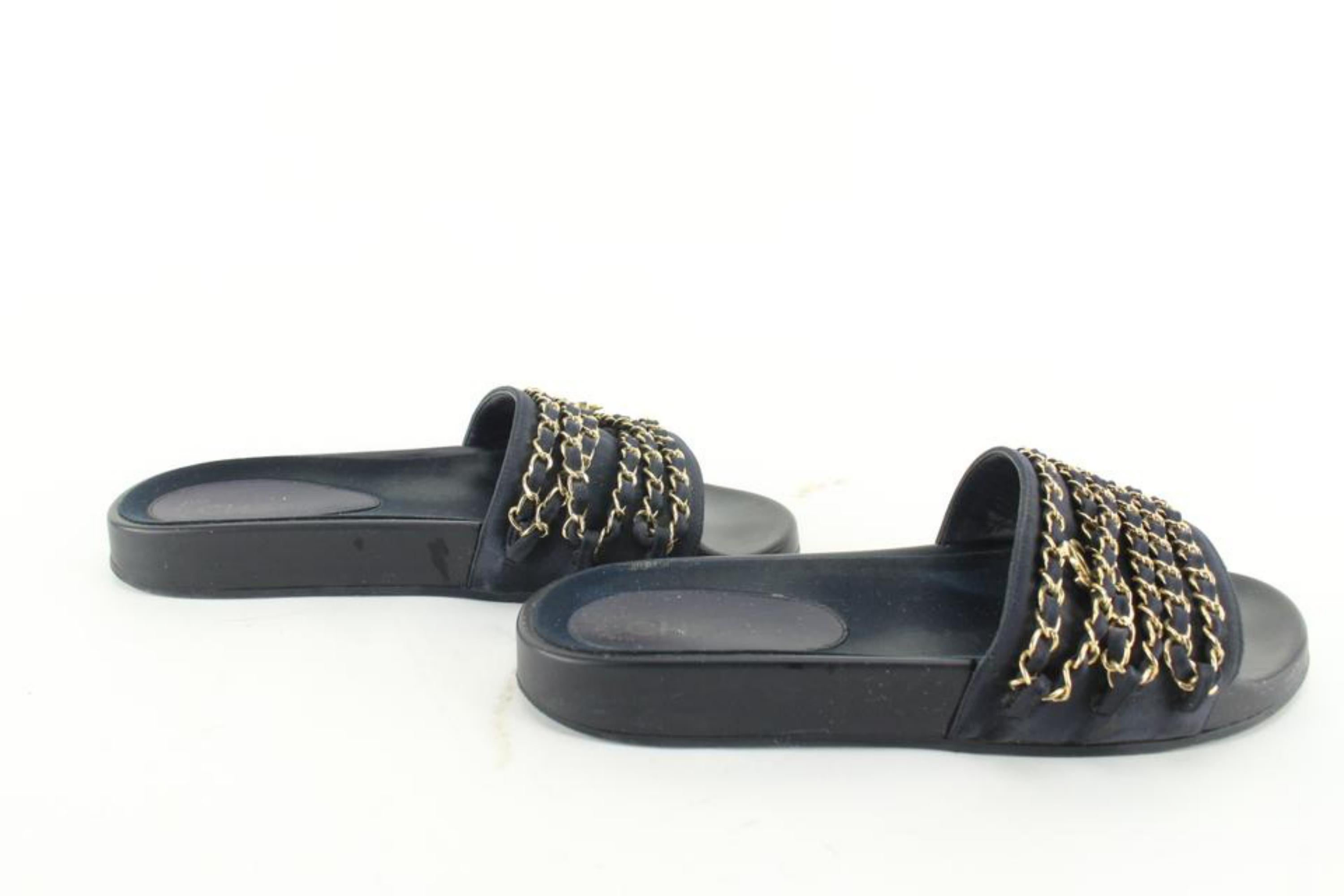 Chanel Size 38 Black Tropiconic CC Chain Pool Slides Sandals 90cc711s 2