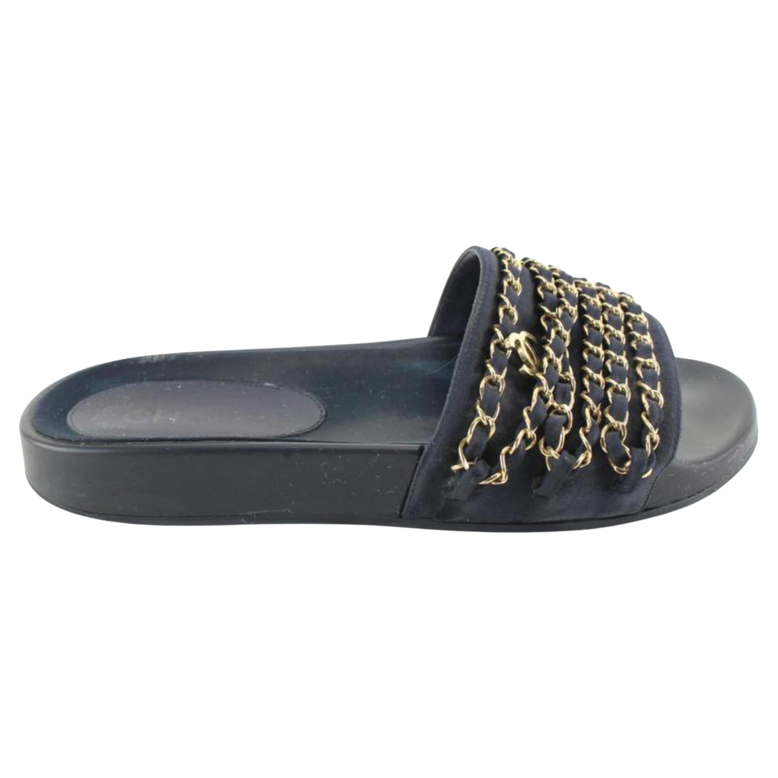Chanel Size 38 Black Tropiconic CC Chain Pool Slides Sandals 90cc711s