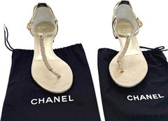 Chanel Size 39.5 C Gold + Black Beaded Leather Logo CC Thong Sandals