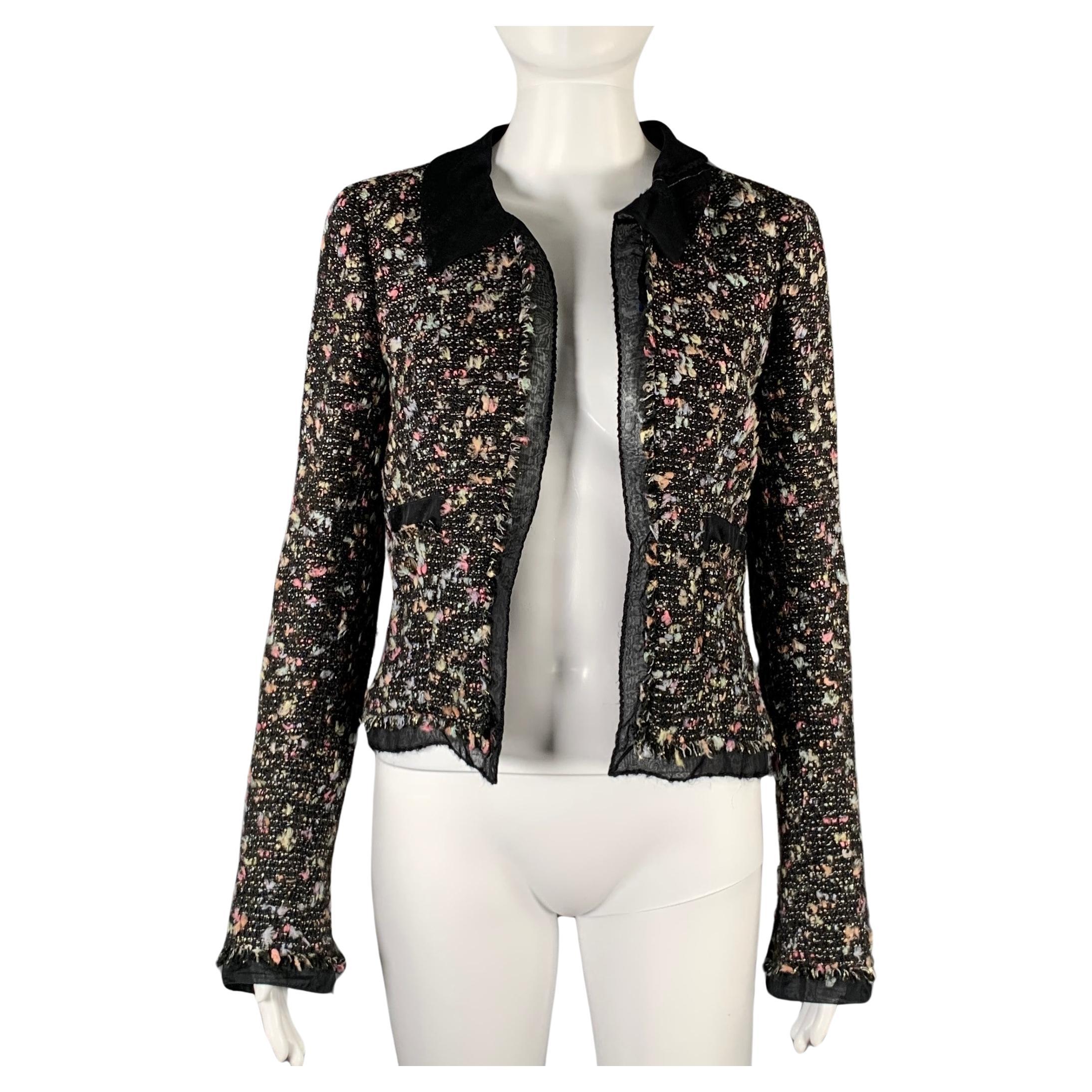 CHANEL Size 4 Black Multi-Color Wool Blend Open Front Jacket