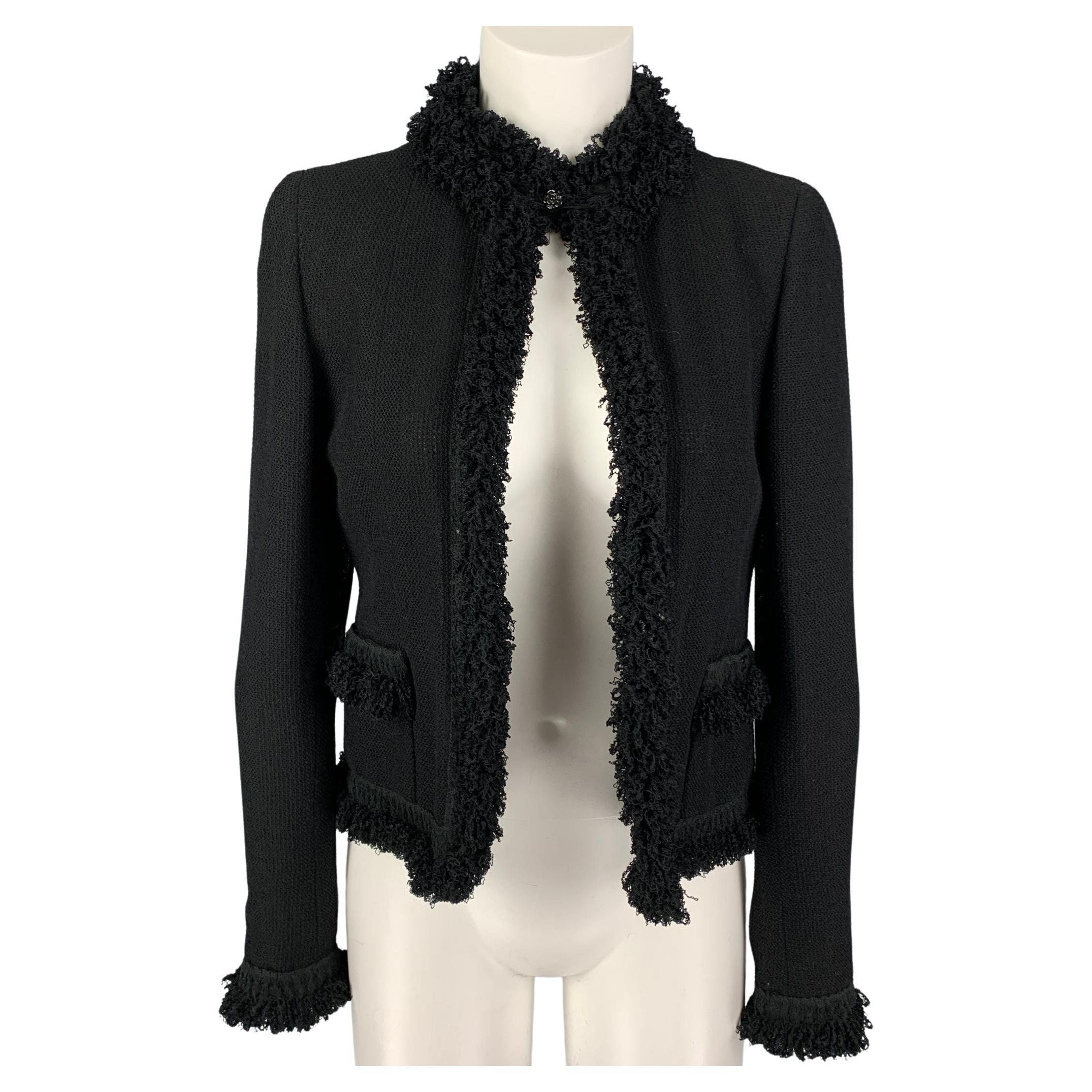 CHANEL Size 4 Black Wool Blend Open Front Jacket