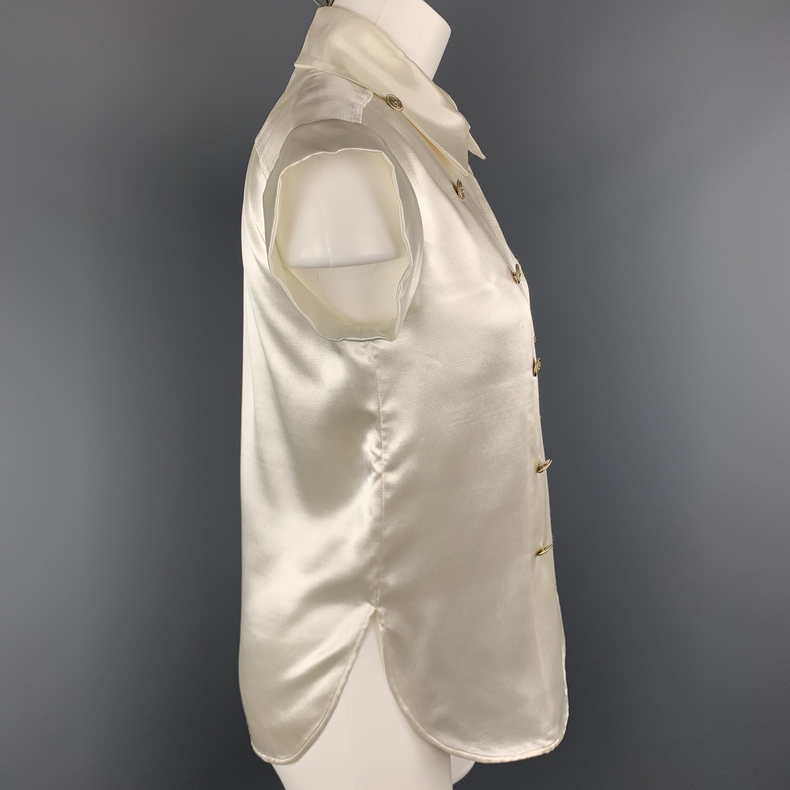 Beige CHANEL Size 4 Cream Satin Double Breasted Military Blouse