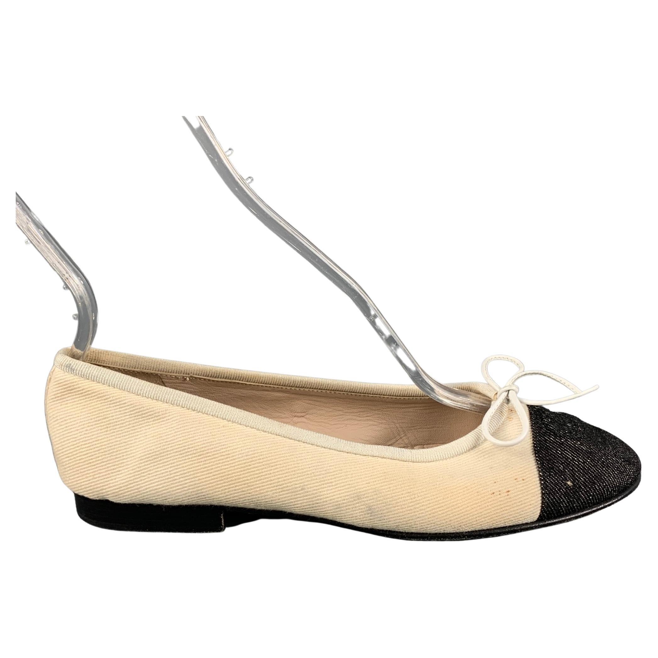 CHANEL Size 5.5 Cream Black Denim Ballet Flats