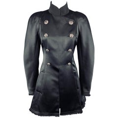 CHANEL Size 6 Black Silk Satin Double Breasted Silver Byzantine Button Jacket