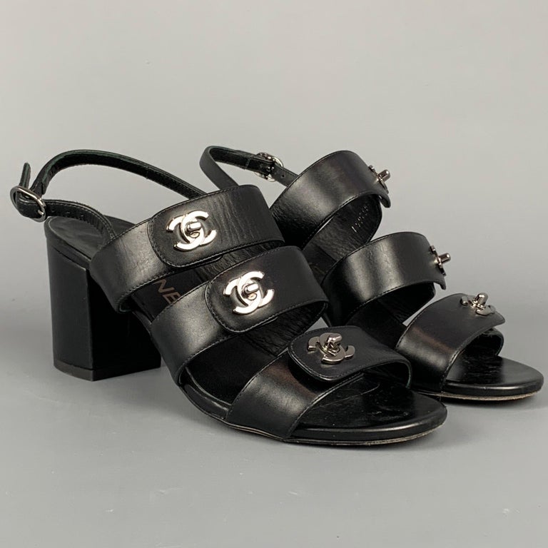 CHANEL Size 9.5 Black & Silver Leather Quilted Sandals – Labels Luxury