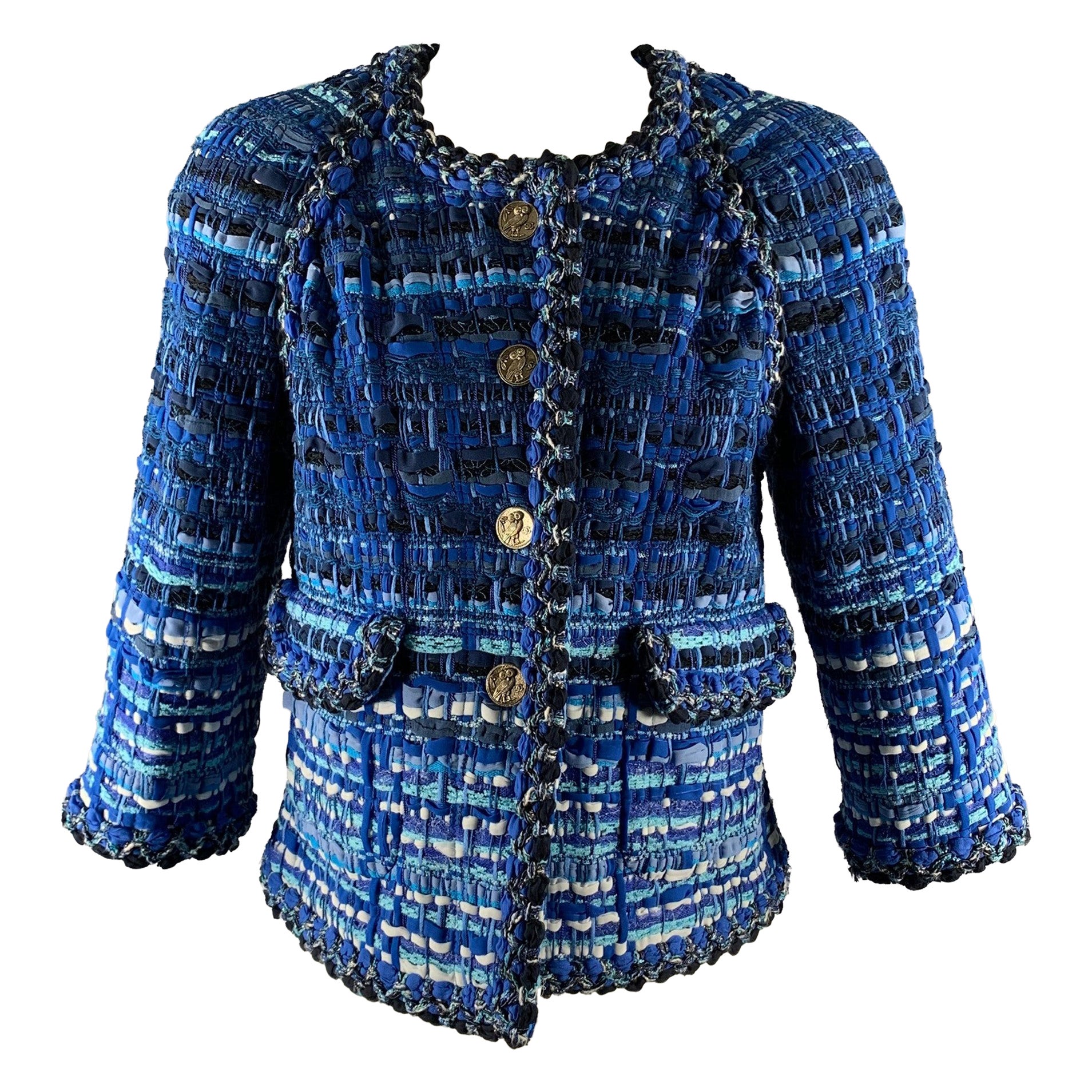 CHANEL Size 6 Blue Light Blue Cotton Blend Stripe Jacket