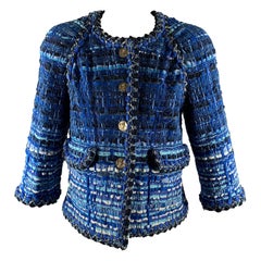 CHANEL Size 6 Blue Light Blue Cotton Blend Stripe Jacket