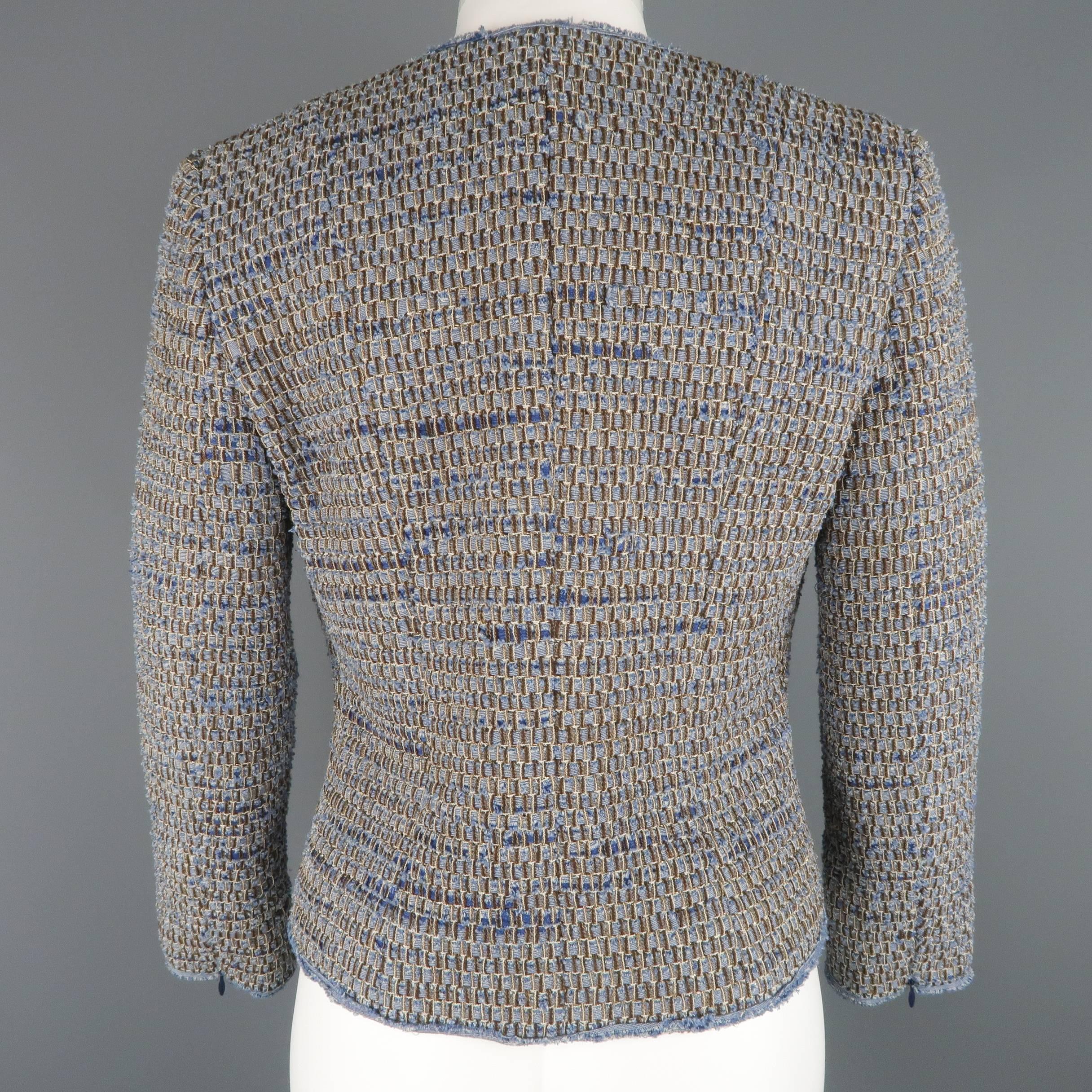 CHANEL Size 6 Blue Woven Raw Denim Collarless Cropped Jacket In Excellent Condition In San Francisco, CA
