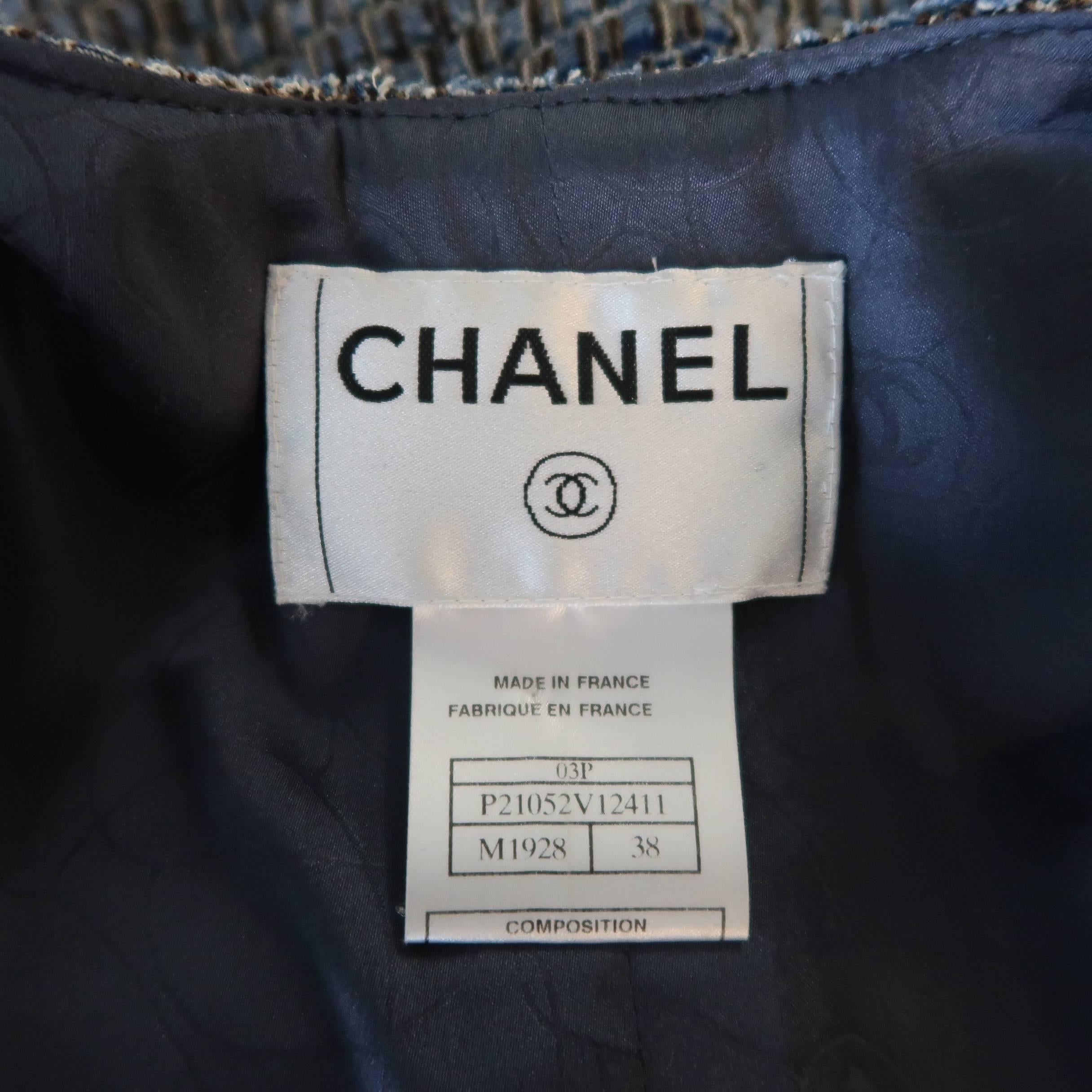 CHANEL Size 6 Blue Woven Raw Denim Collarless Cropped Jacket 2